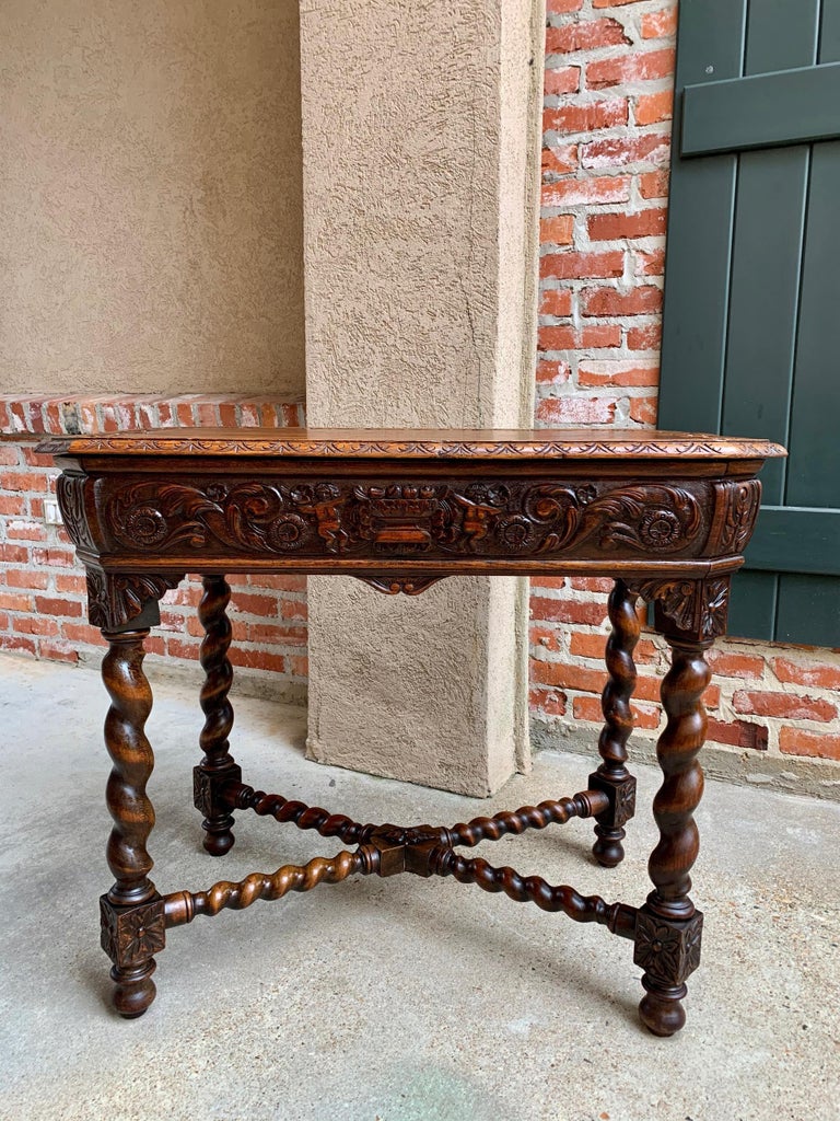 19th century French table barley twist carved oak center hall sofa renaissance
 
~Direct from France~
~Ornately carved antique French “octagonal” table with impressive silhouette and commanding design!~
~(This style table was originally used with