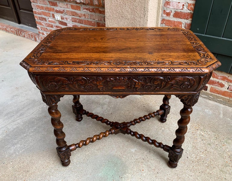 Hand-Carved 19th Century French Table Barley Twist Carved Oak Center Hall Sofa Renaissance For Sale