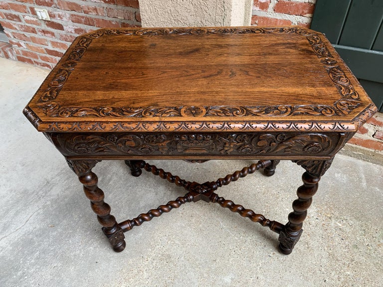 19th Century French Table Barley Twist Carved Oak Center Hall Sofa Renaissance In Good Condition For Sale In Shreveport, LA
