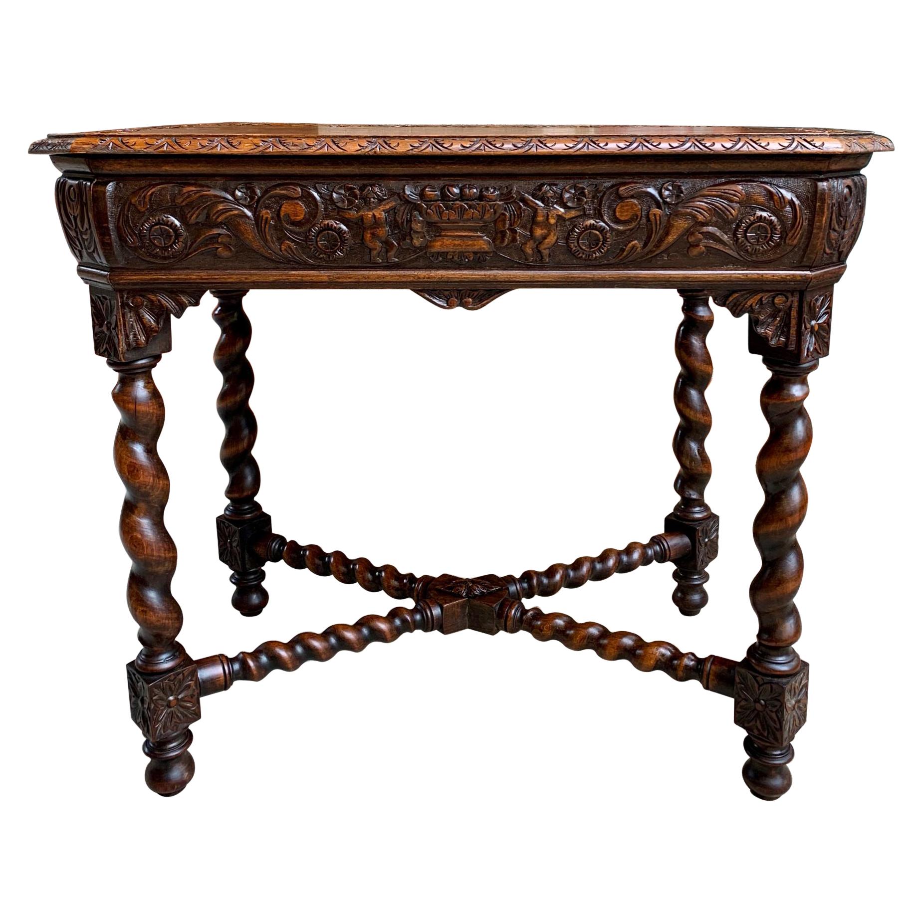 Table basse française du 19ème siècle en chêne sculpté à torsion d'orge, canapé d'entrée Renaissance en vente