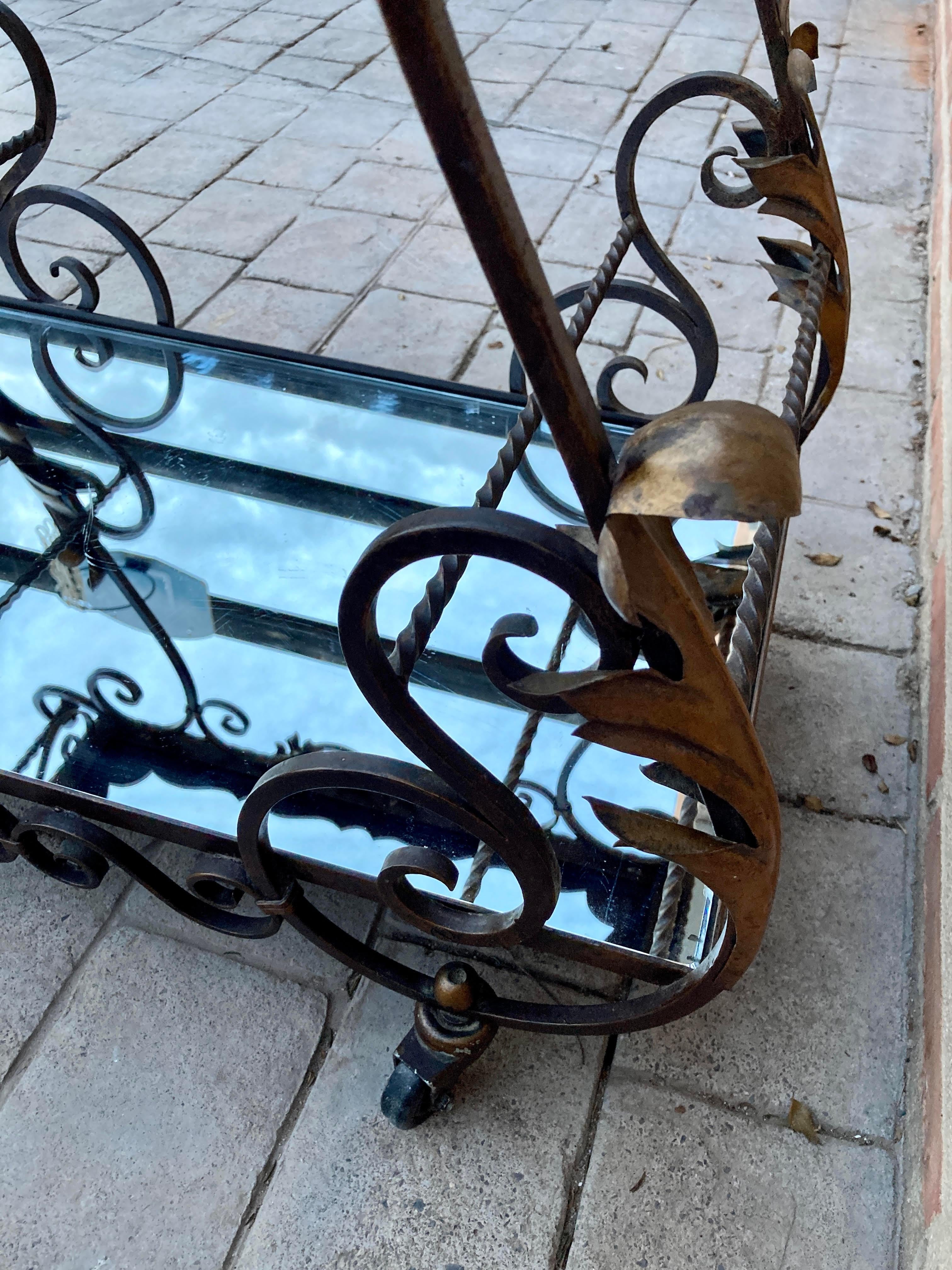 19th Century French Table Iron Bar Cart with Wheels and Two Mirror Tops For Sale 3