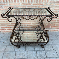 19th Century French Table Iron Bar Cart with Wheels and Two Mirror Tops