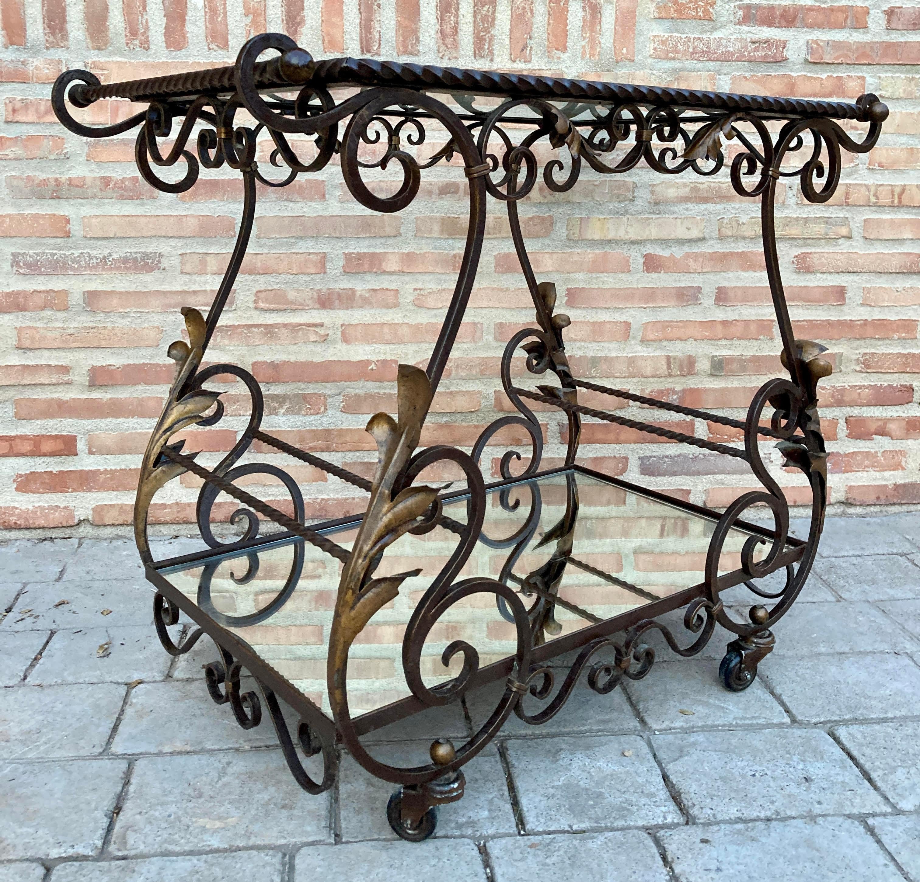 French Provincial 19th Century French Table Iron Bar Cart with Wheels and Two Mirror Tops For Sale