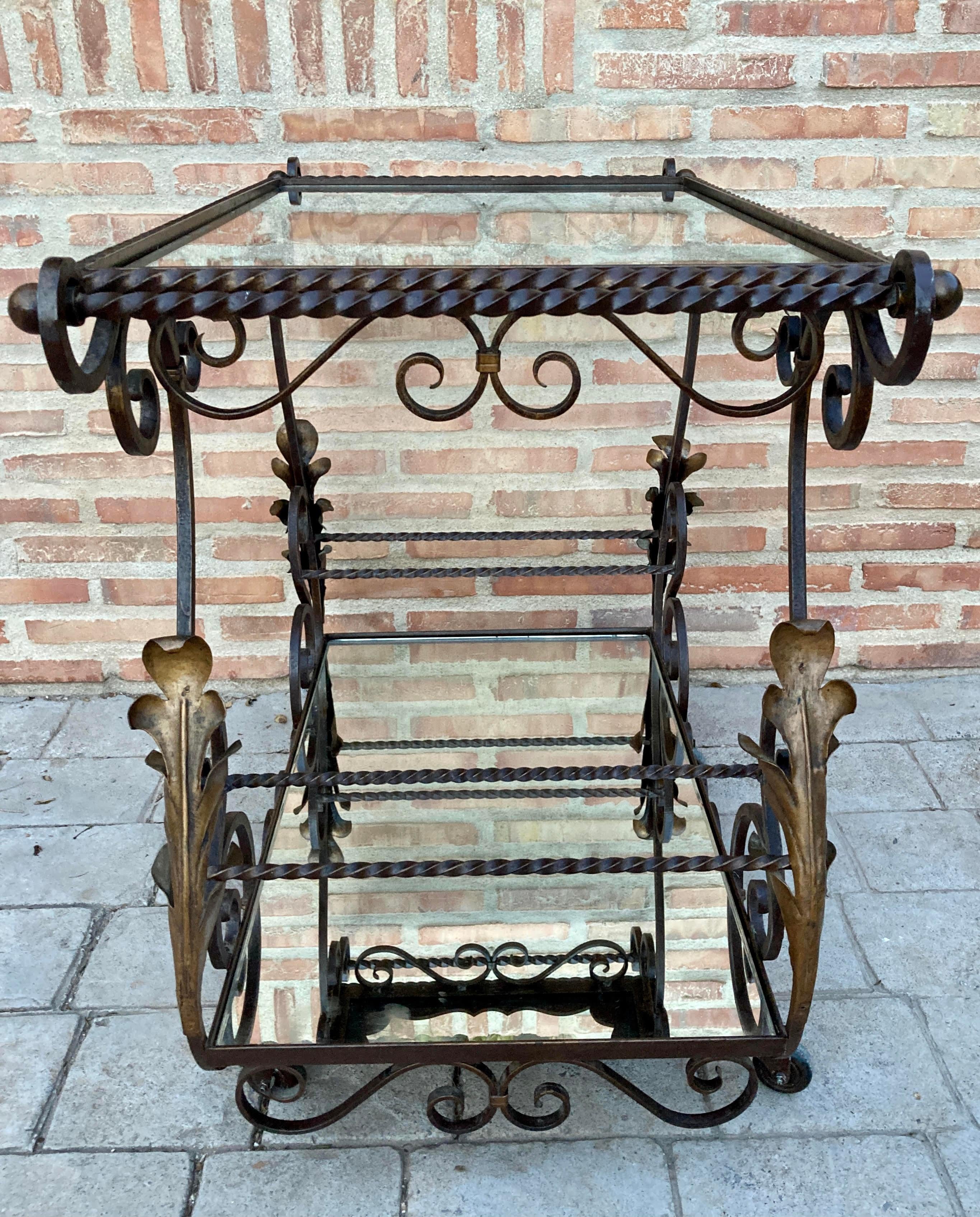 19th Century French Table Iron Bar Cart with Wheels and Two Mirror Tops For Sale 1