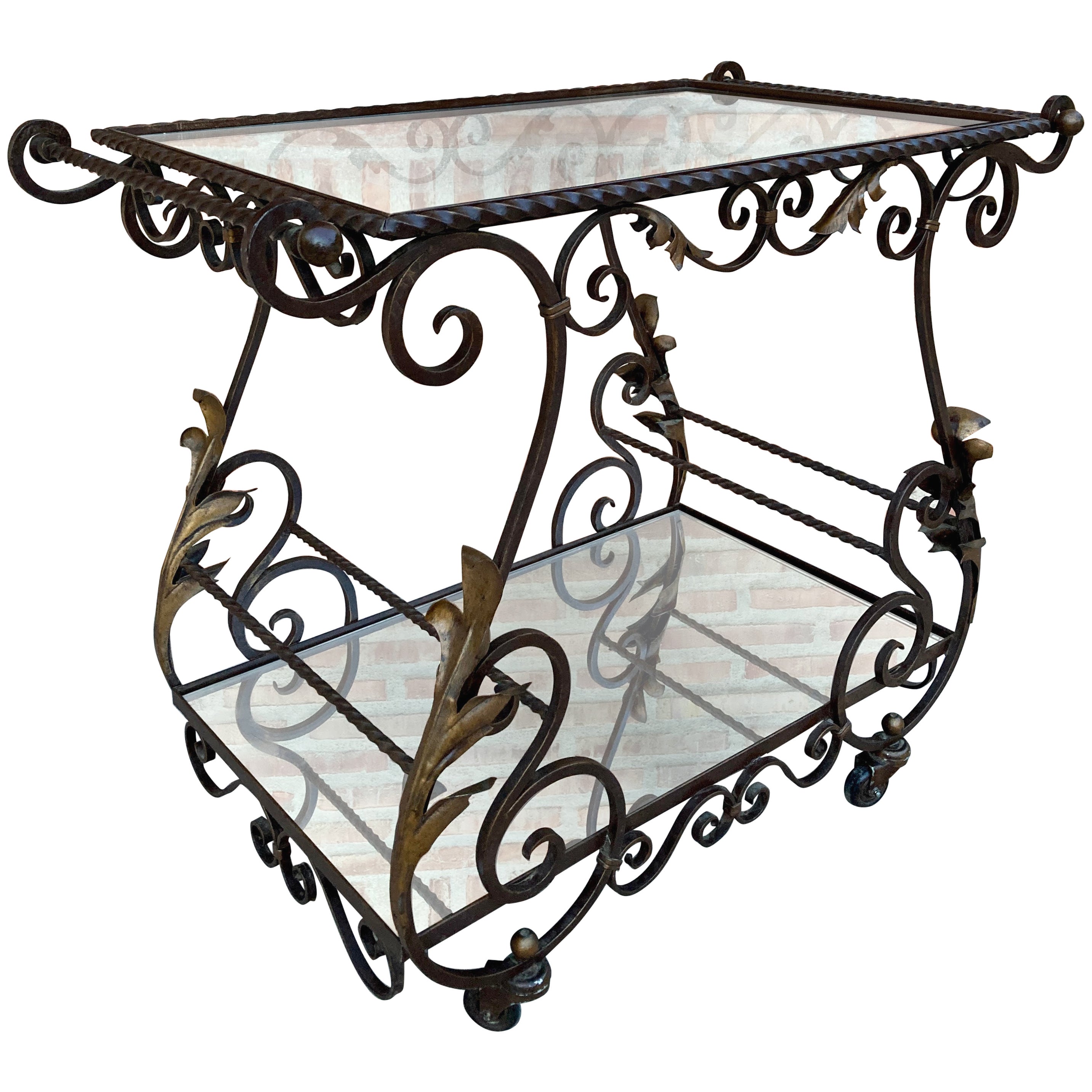 Chariot de bar en fer français du 19ème siècle avec roues et deux plateaux en miroir