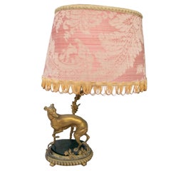 Antique 19th Century French Table Lamp with Dog in Gilded Bronze with Marble Base