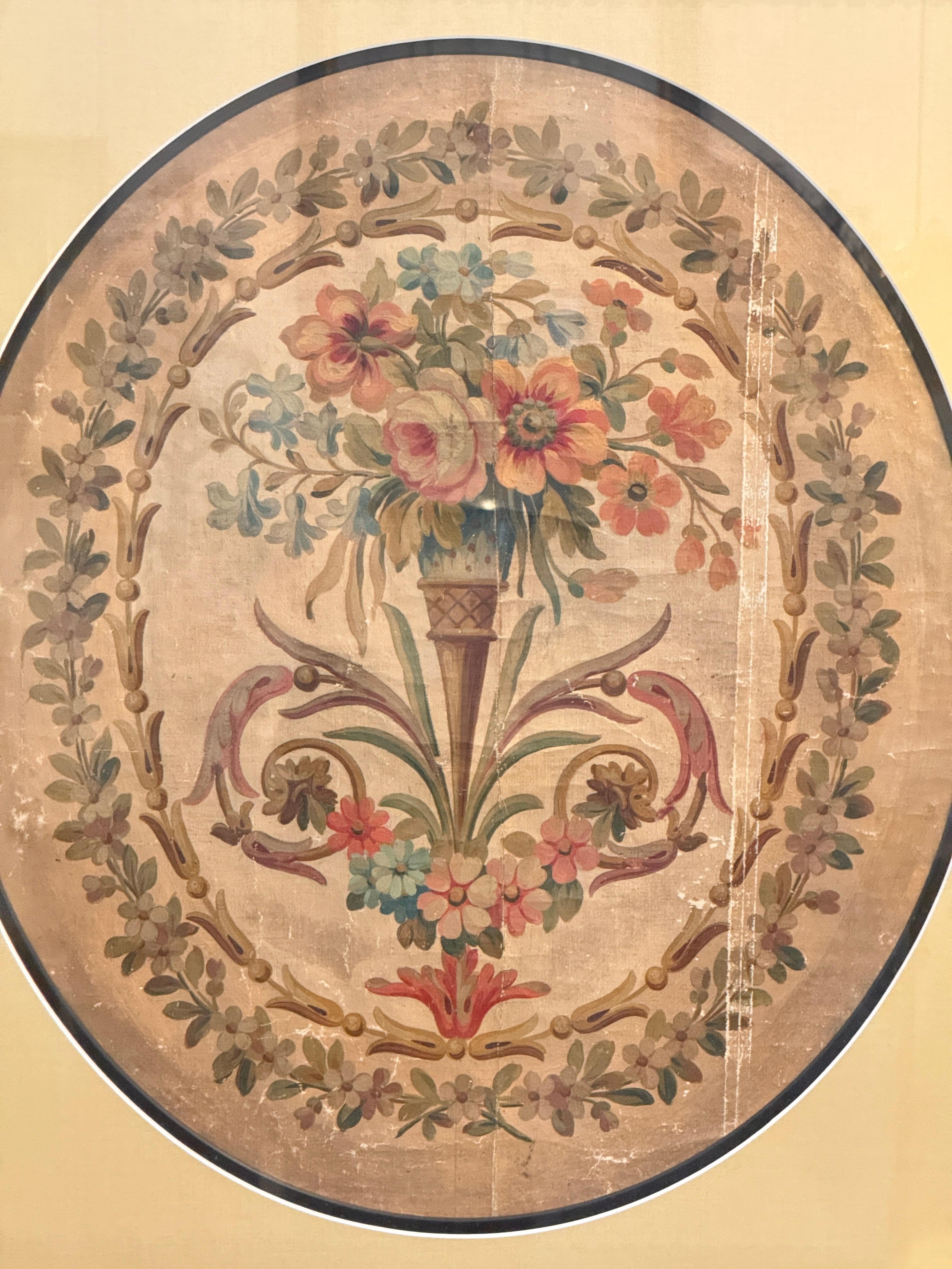 Francese Cartone animato di arazzo francese del XIX secolo - Cestino con fascia floreale in vendita