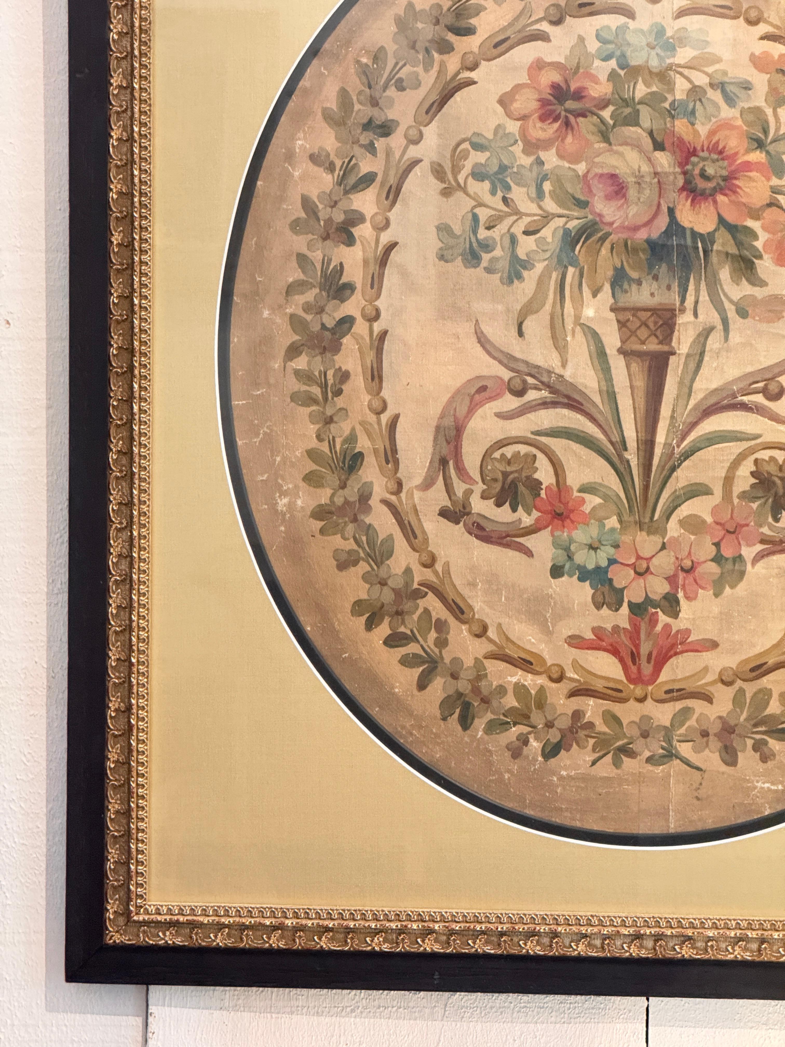 Cartone animato di arazzo francese del XIX secolo - Cestino con fascia floreale In condizioni buone in vendita a Charlottesville, VA