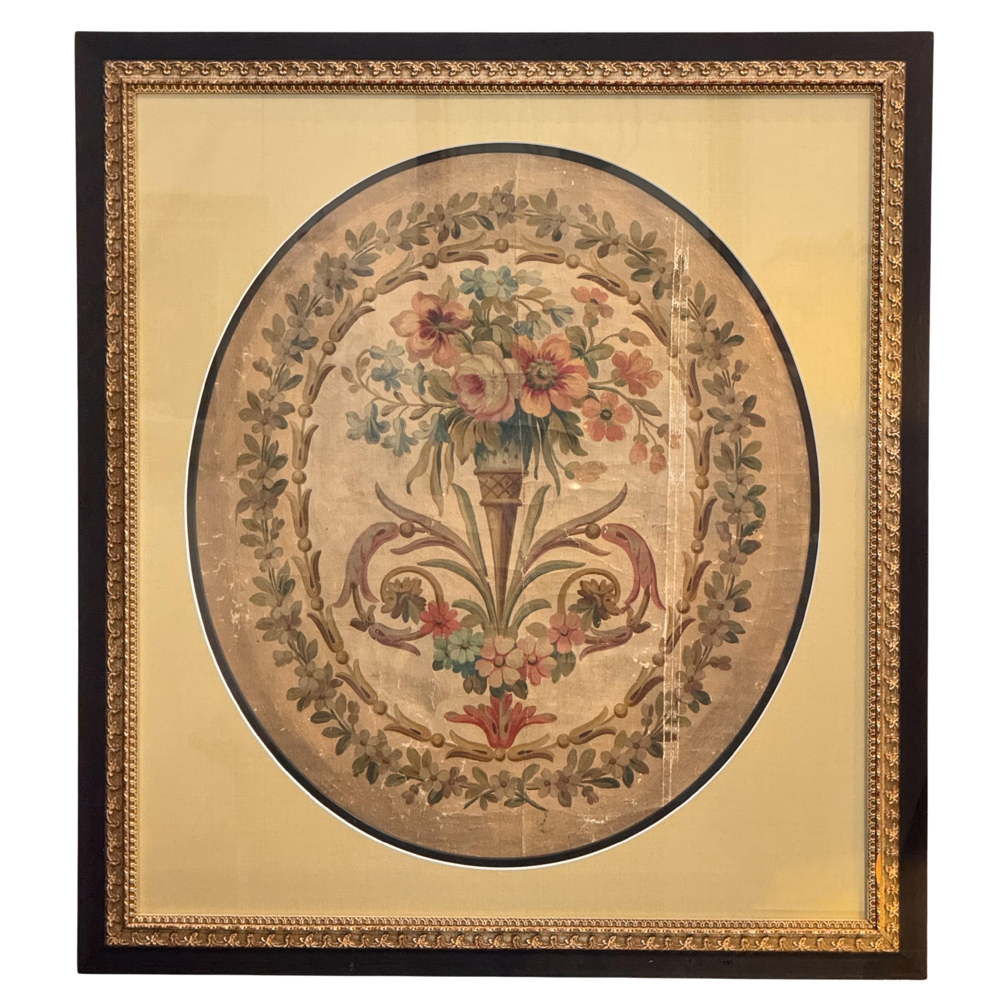 Cartone animato di arazzo francese del XIX secolo - Cestino con fascia floreale in vendita