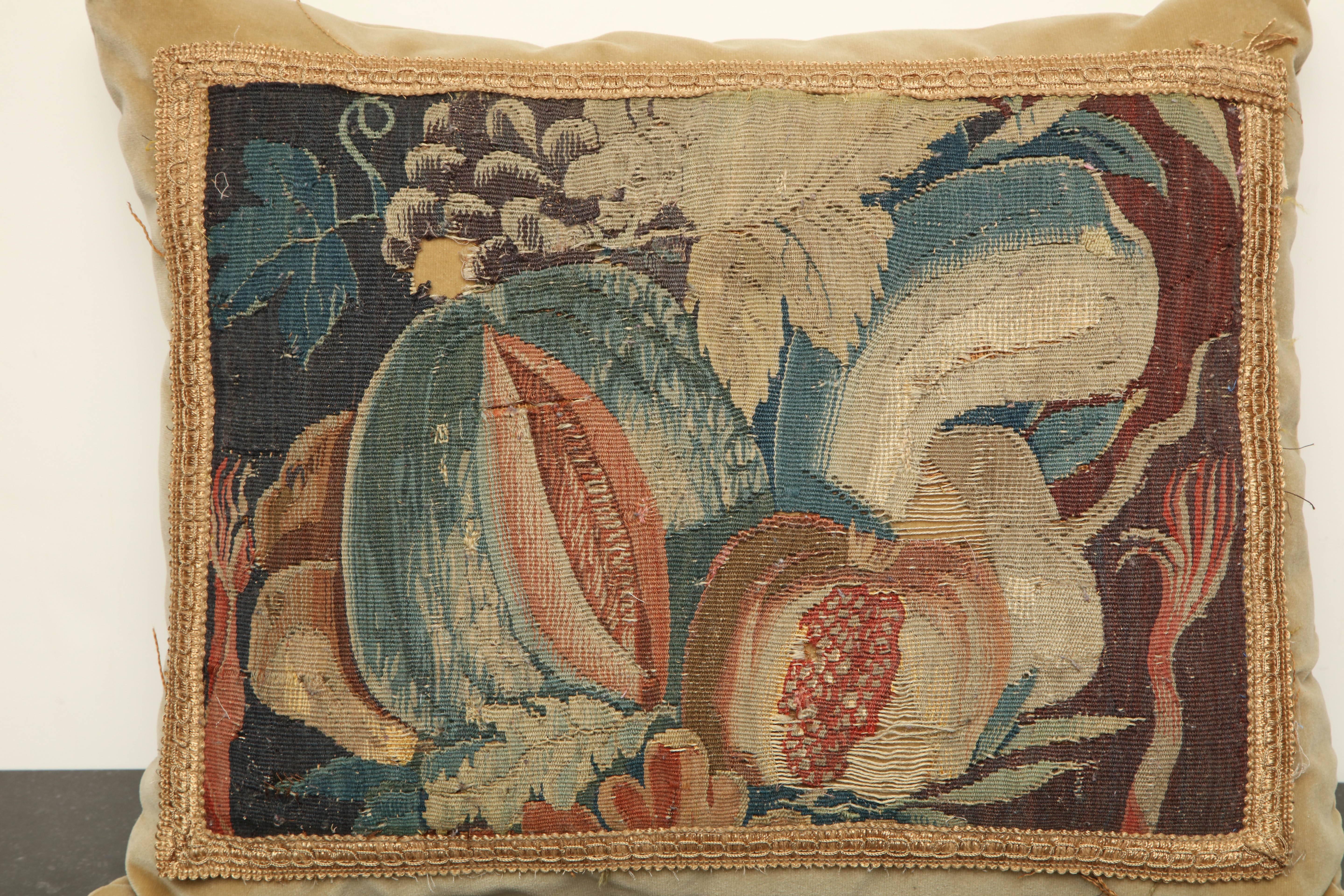 19th century French tapestry fragment cushion.