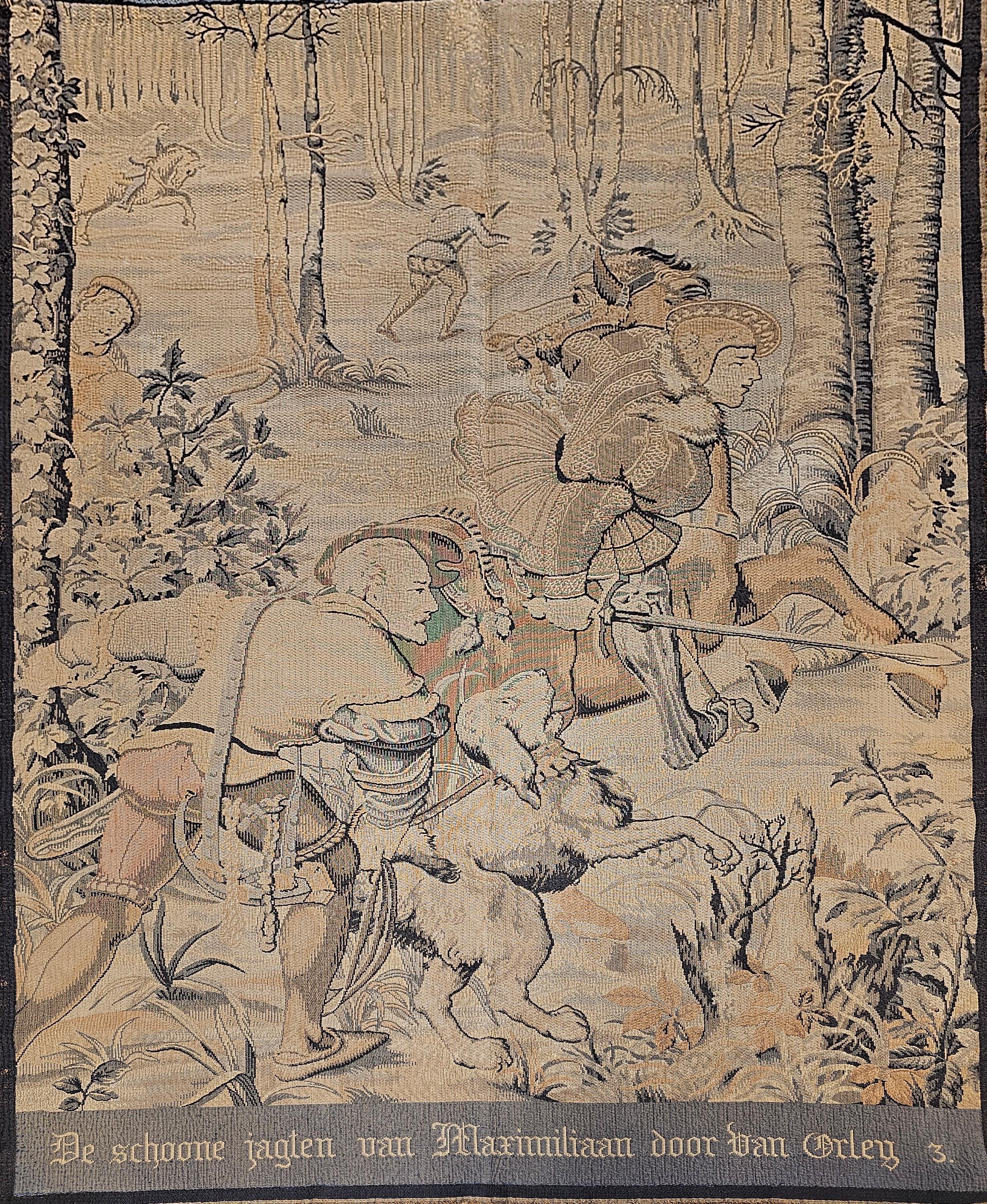 19th Century French Tapestry of a Forest Hunting Scene in Pastel Colors For Sale 11