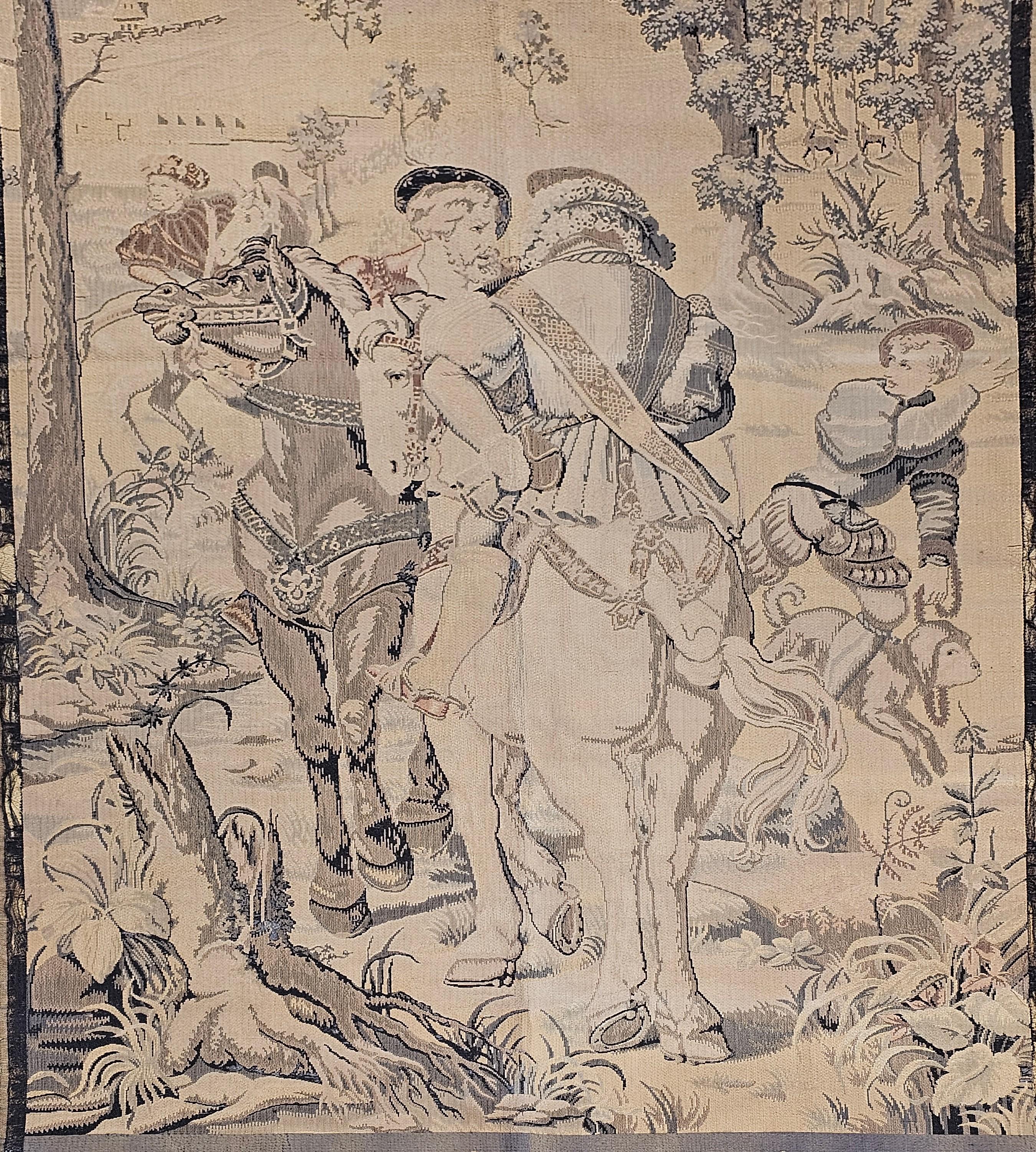 Beautiful 19th century Jacquard Loom machine-woven French tapestry in the style of 16th century Belgium tapestries depicting a forest and hunting scene. This is a reproduction of one of the panels (panel #2)  taken from a famous Renaissance series