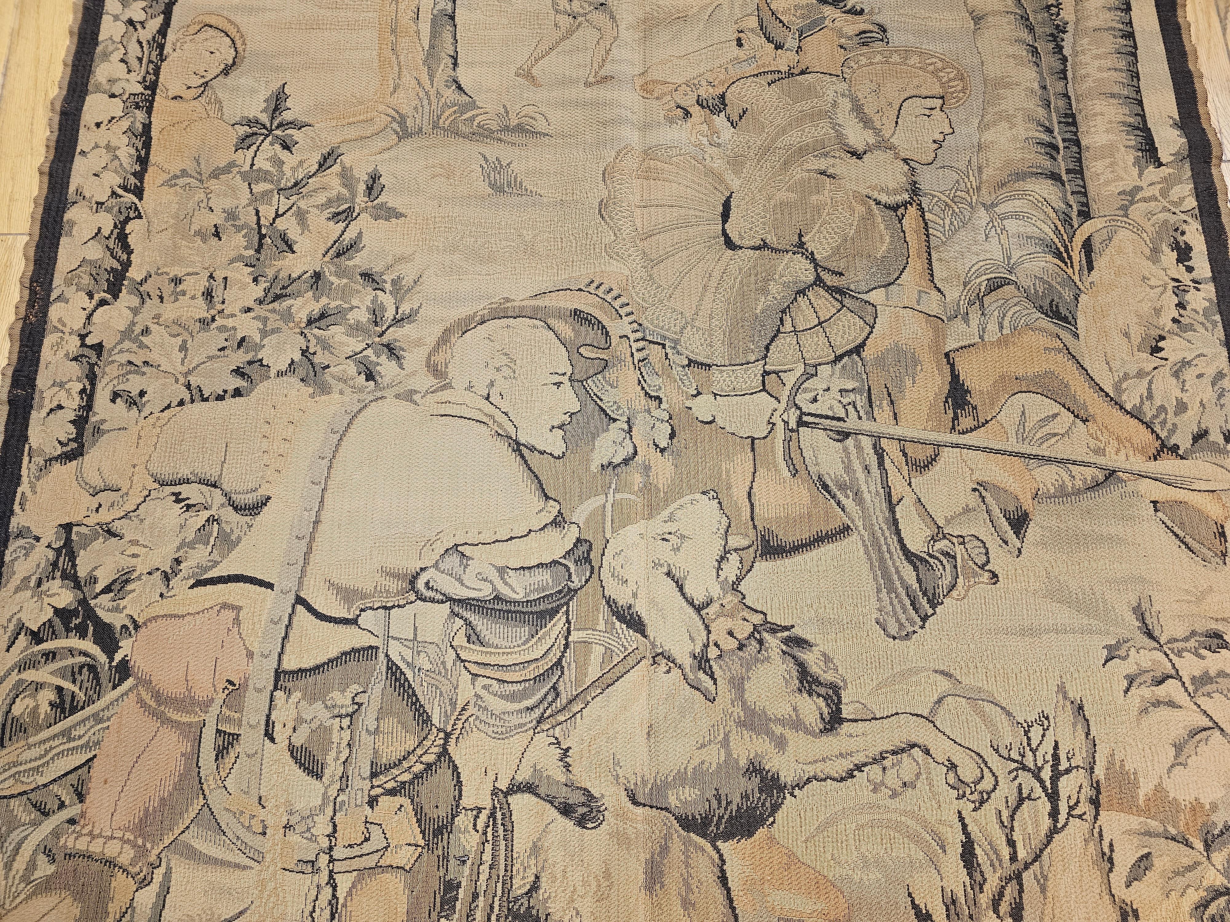 Wool 19th Century French Tapestry of a Forest Hunting Scene in Pastel Colors For Sale