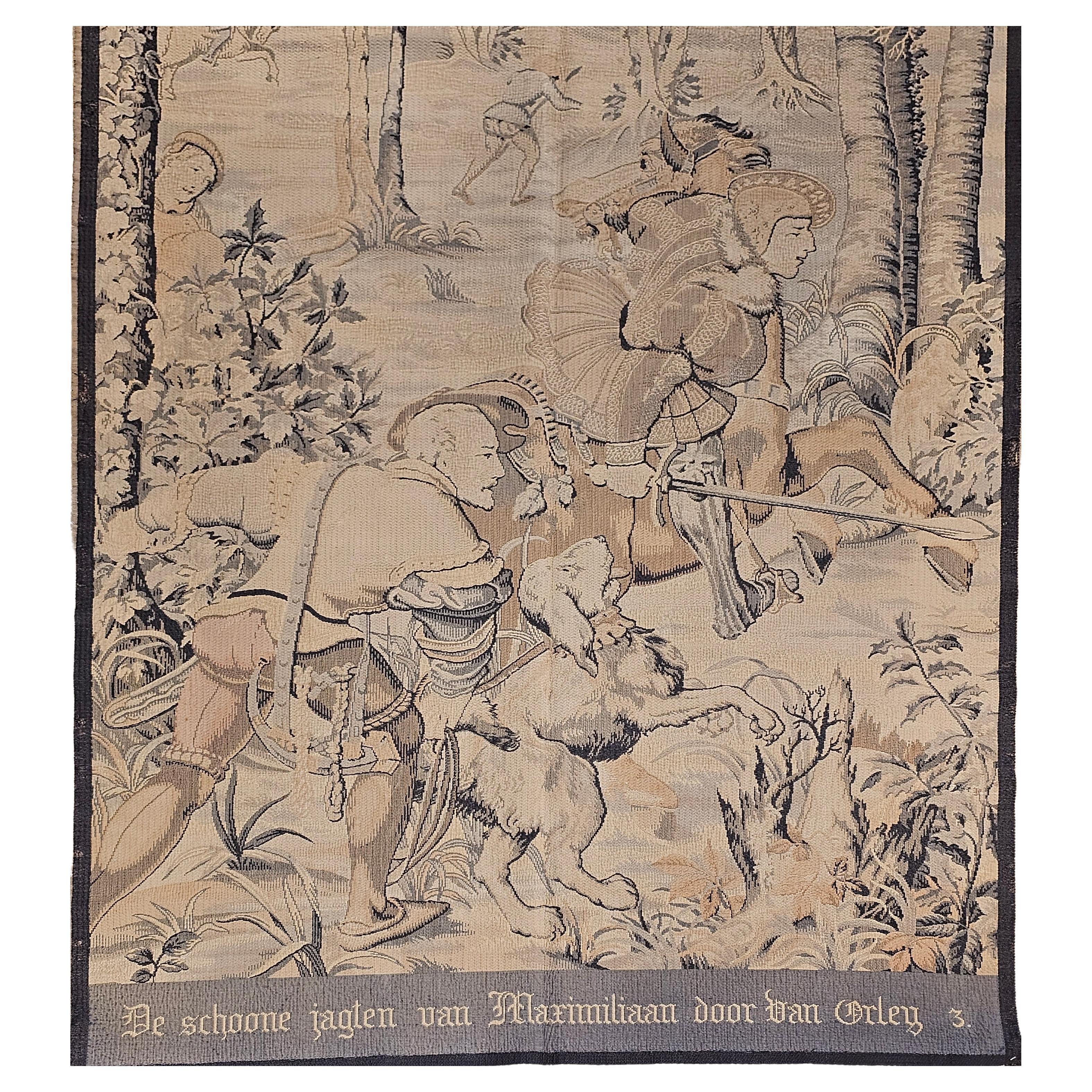 Beautiful 19th century Jacquard Loom machine-woven French tapestry in the style of 16th century Belgium tapestries depicting a forest and hunting scene. This is a reproduction of one of the panels (panel #3)  taken from a famous Renaissance series
