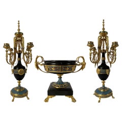 19th Century French Taza Garniture with Gilded Bronze & Enamel