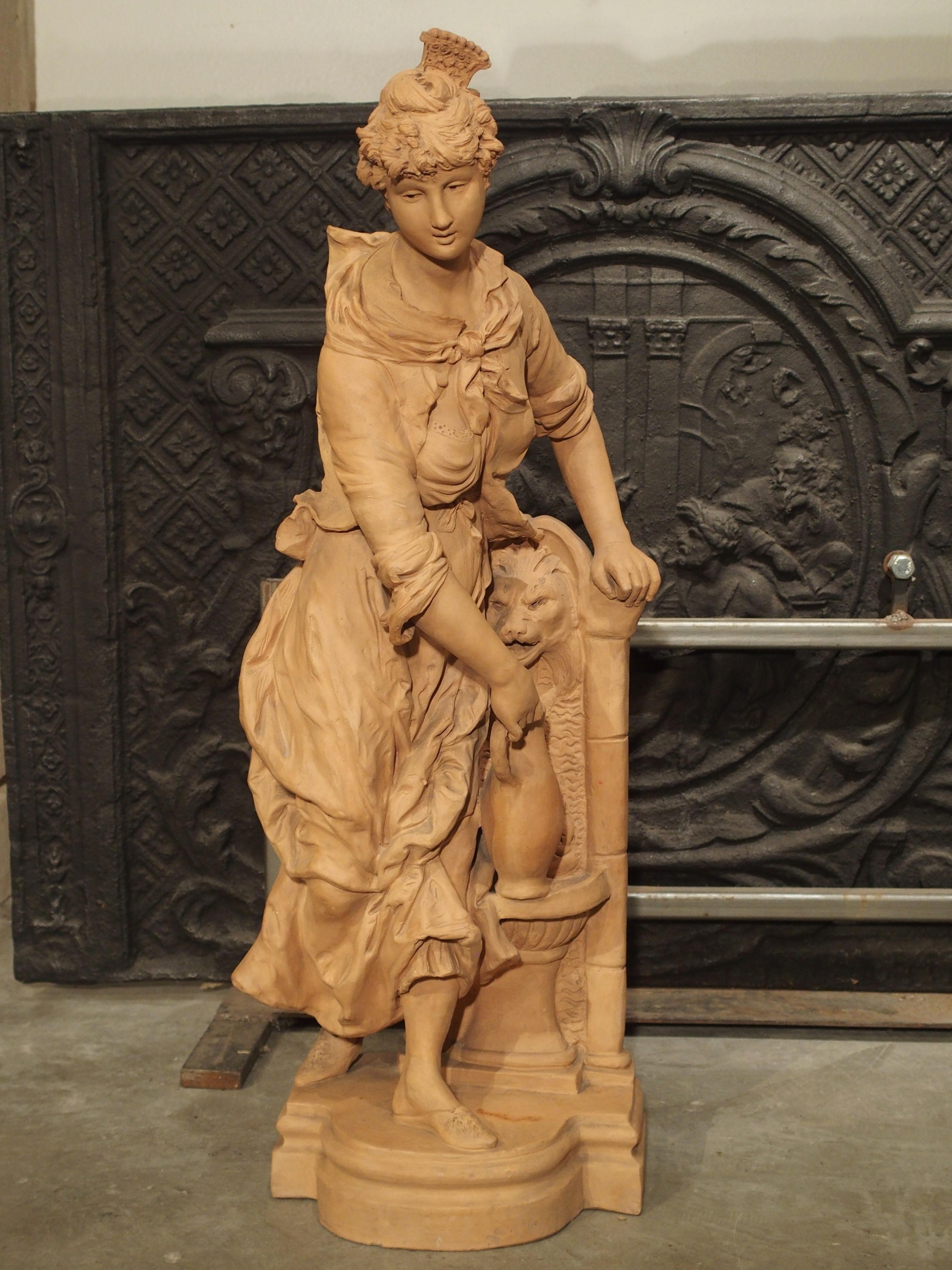 19th Century French Terracotta Statue of a Woman at a Fountain For Sale 12