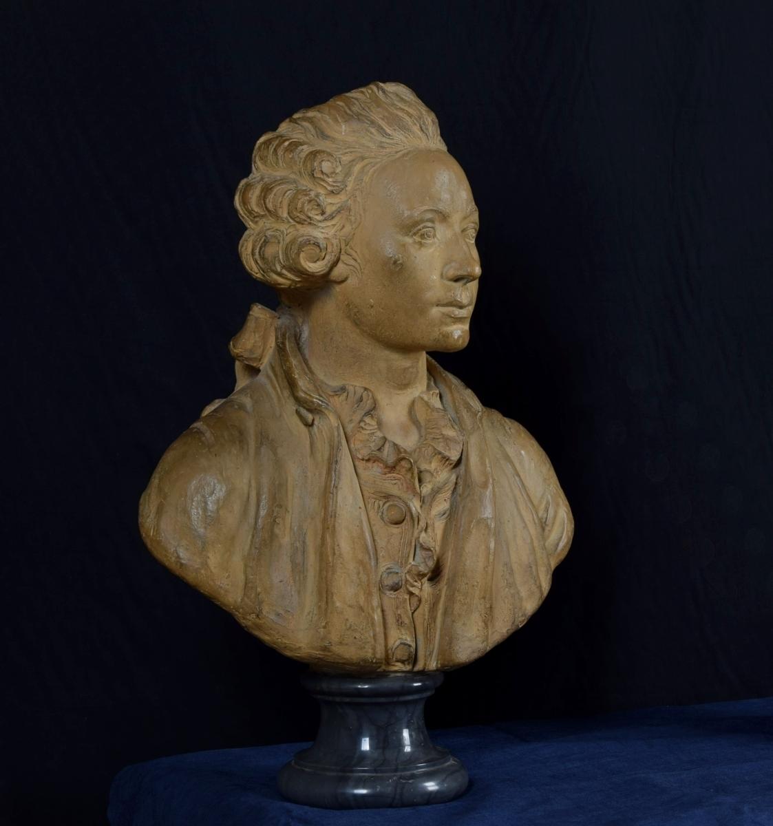 19th Century, French Terracotta Bust and Marble Base with Nobleman For Sale 6