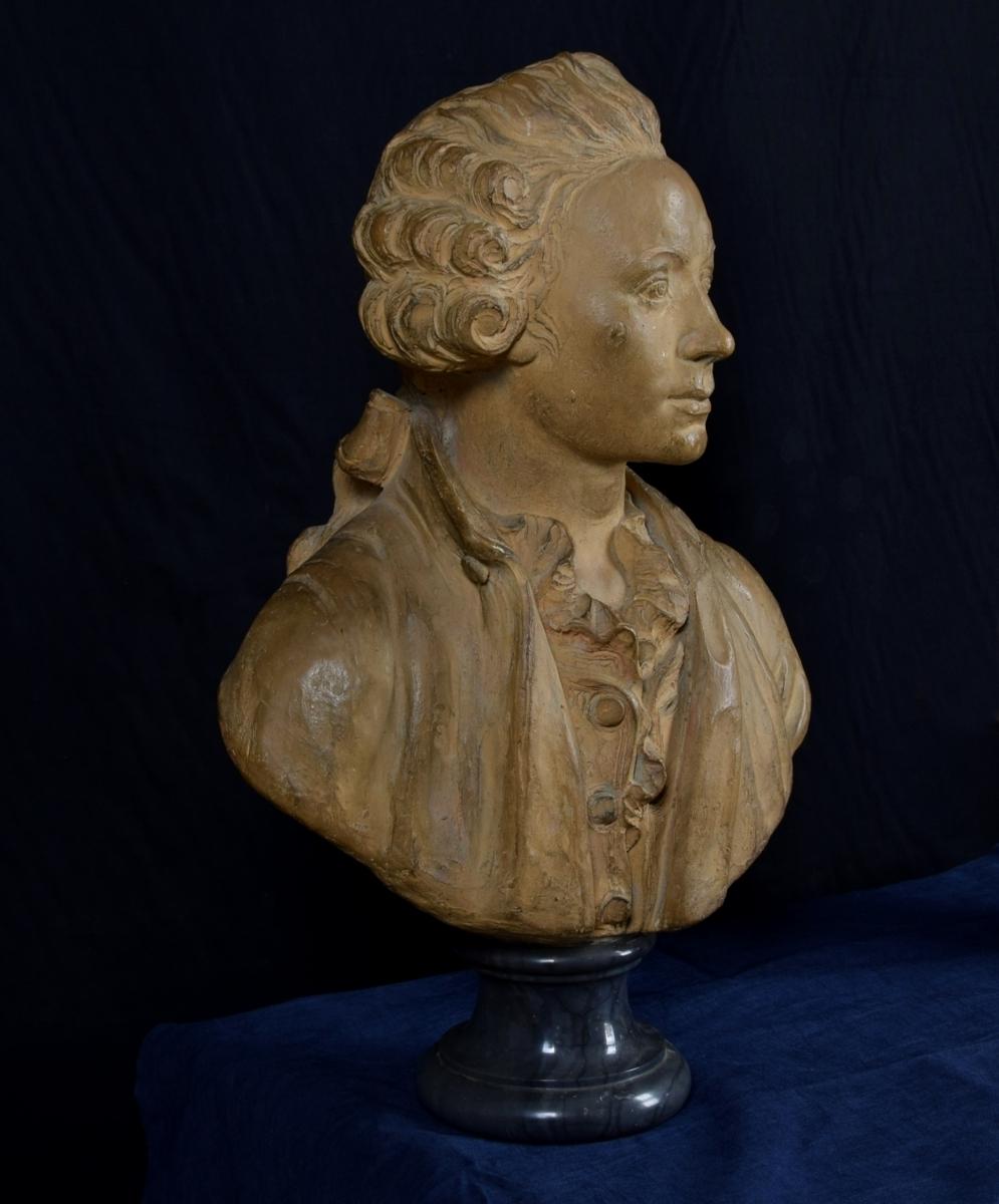 19th Century, French Terracotta Bust and Marble Base with Nobleman For Sale 8