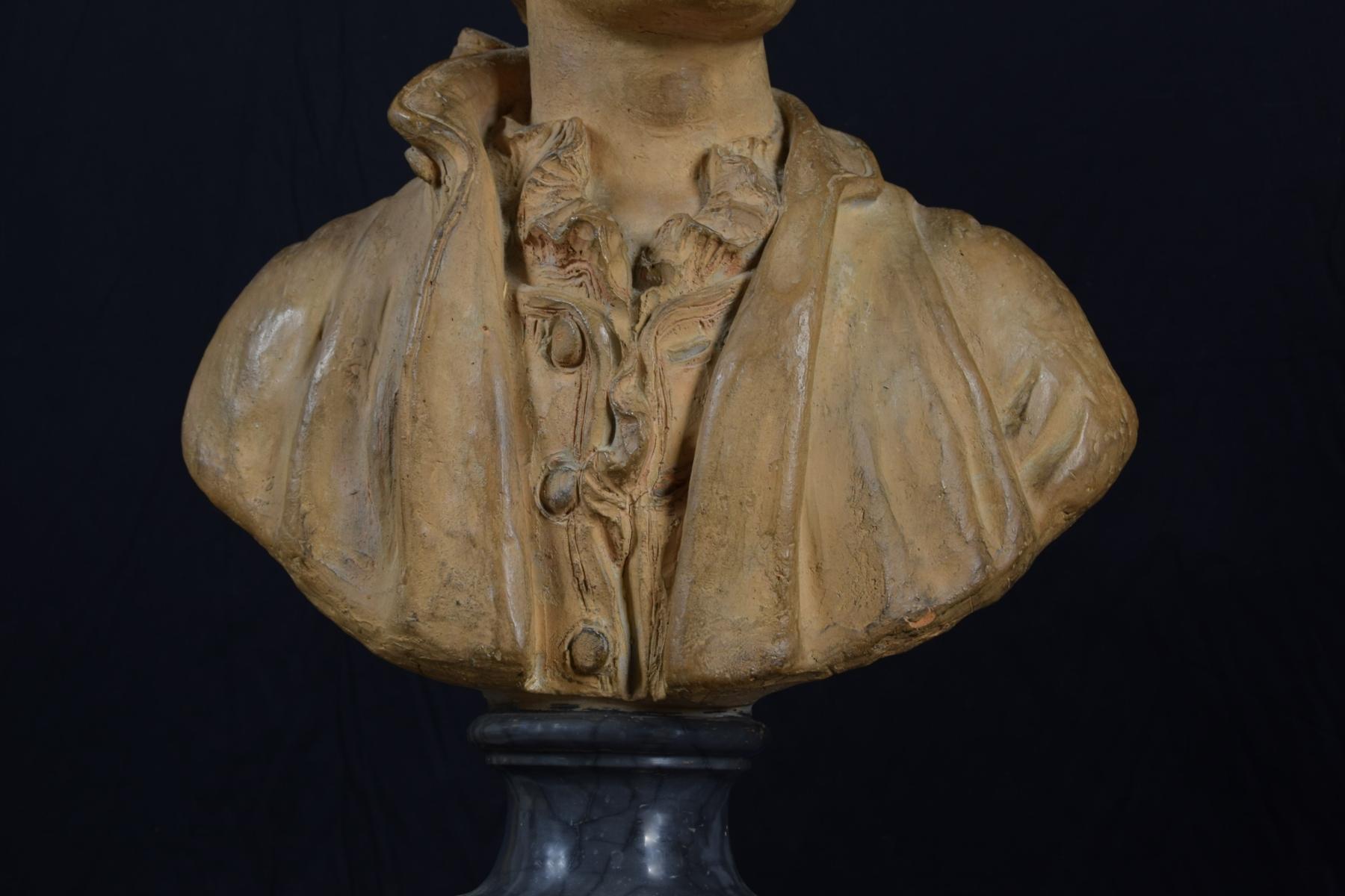 19th Century, French Terracotta Bust and Marble Base with Nobleman For Sale 14