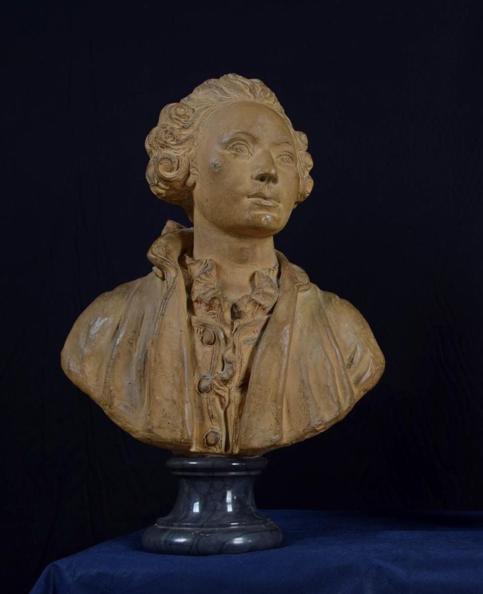 Molded 19th Century, French Terracotta Bust and Marble Base with Nobleman For Sale