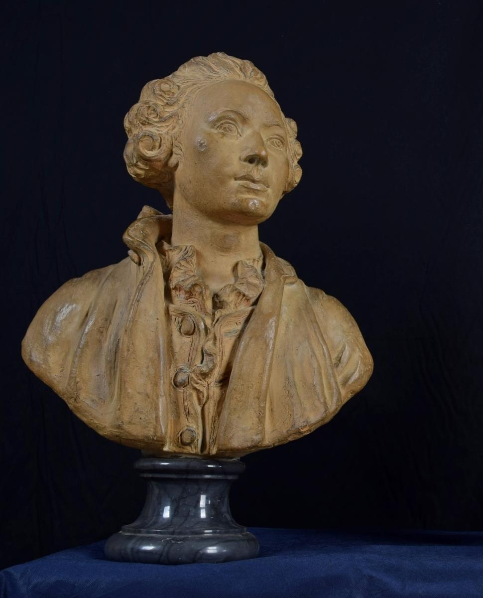 19th Century, French Terracotta Bust and Marble Base with Nobleman For Sale 1
