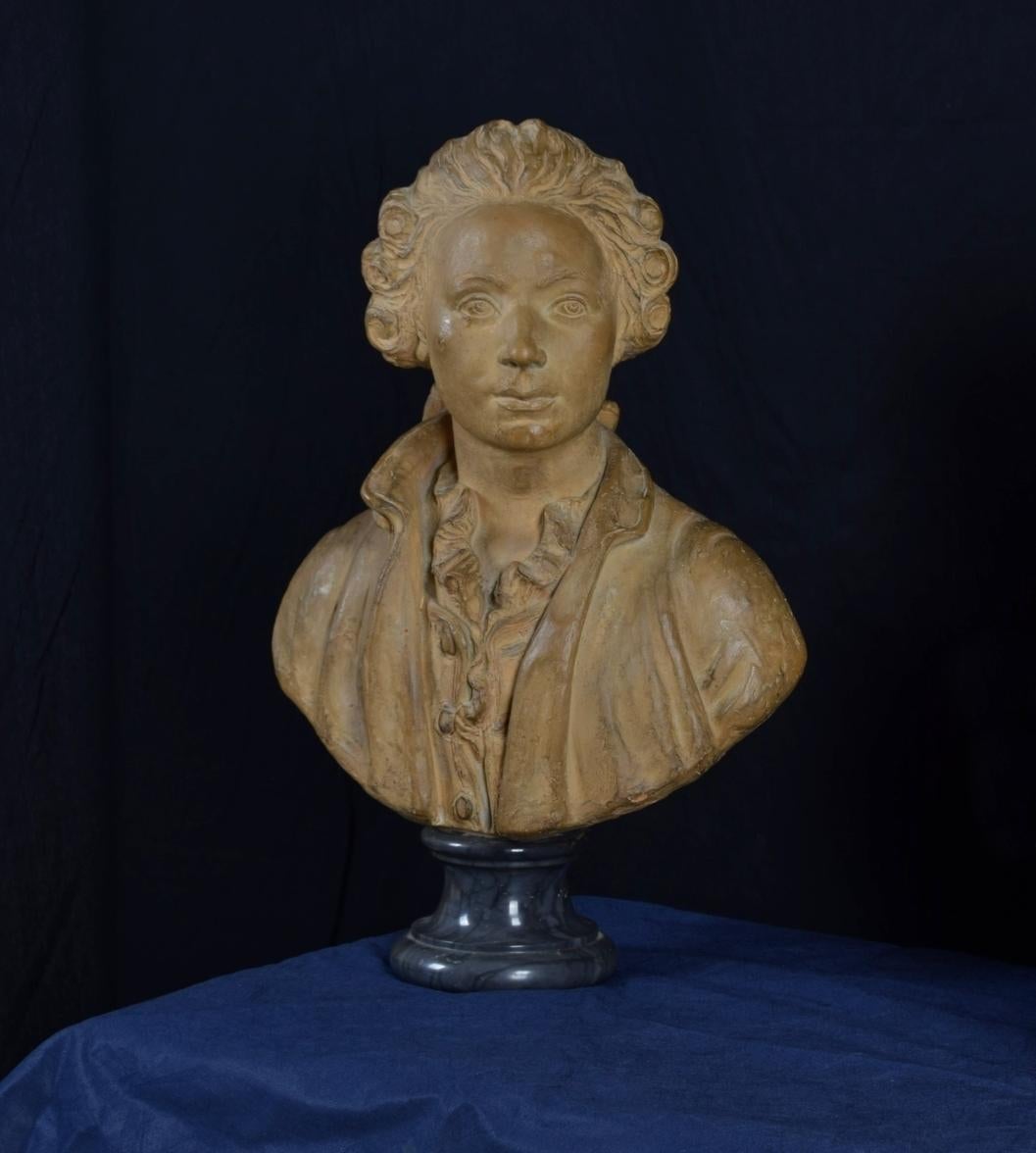19th Century, French Terracotta Bust and Marble Base with Nobleman For Sale 2