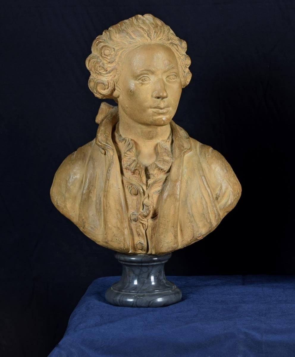 19th Century, French Terracotta Bust and Marble Base with Nobleman For Sale 5