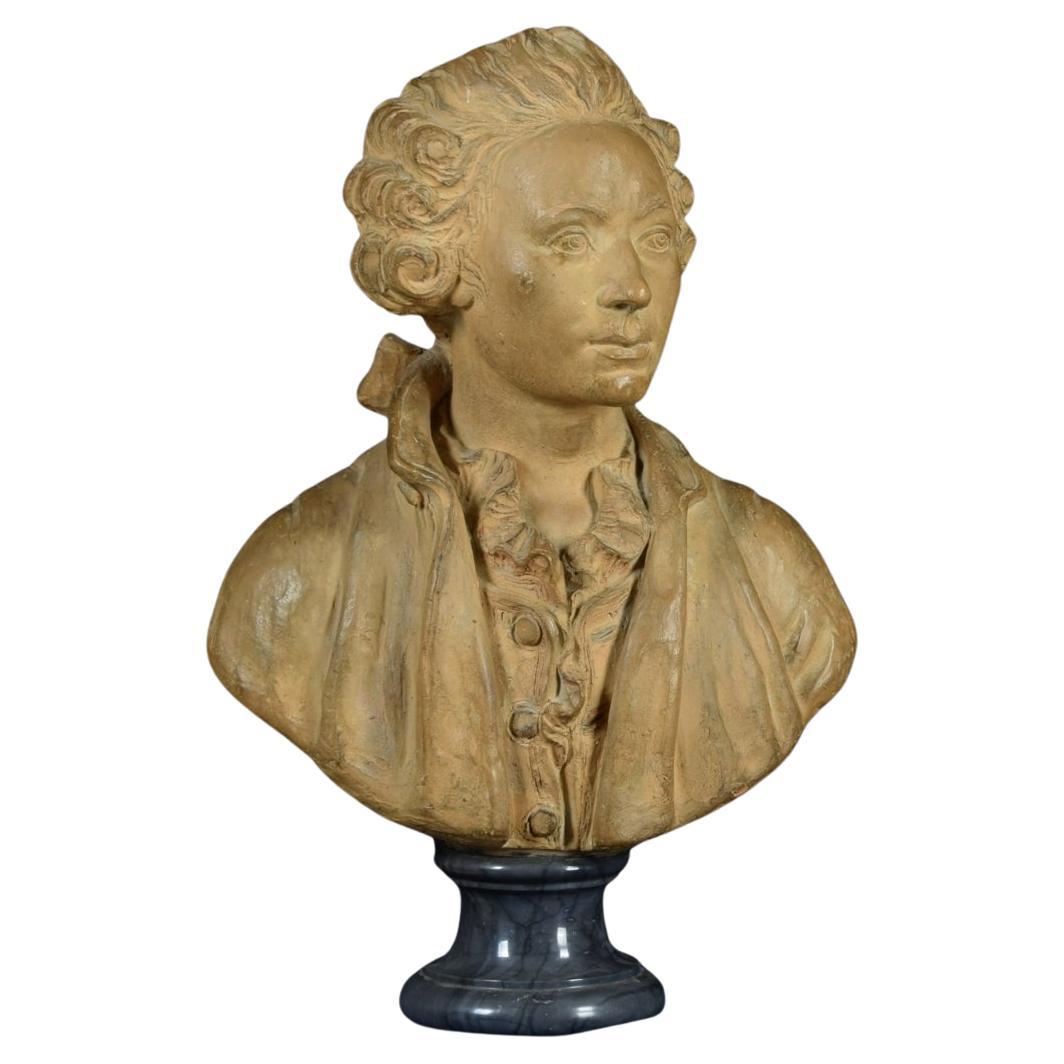 19th Century, French Terracotta Bust and Marble Base with Nobleman For Sale