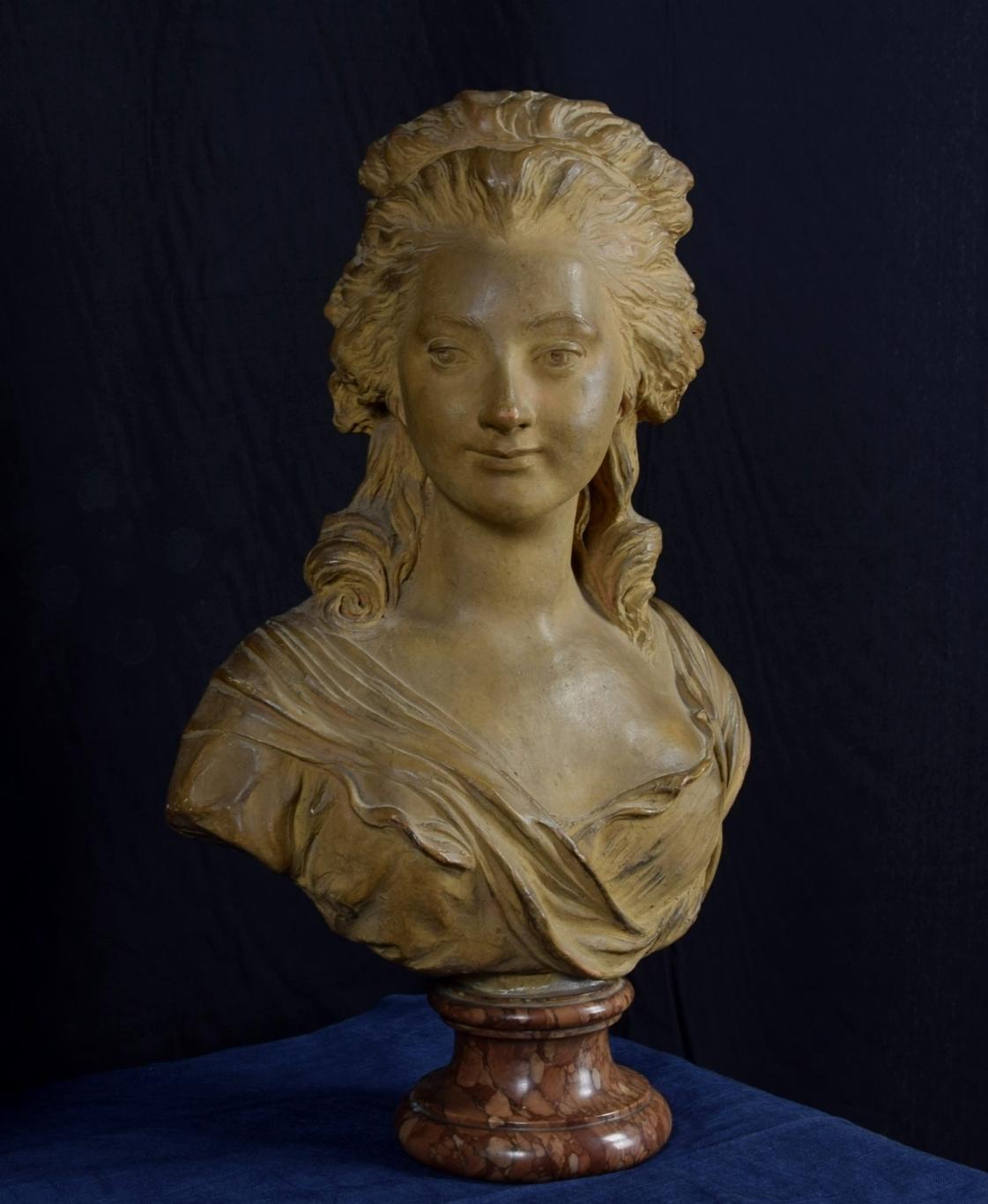 19th Century, French Terracotta Bust and Marble base with Noblewoman For Sale 8