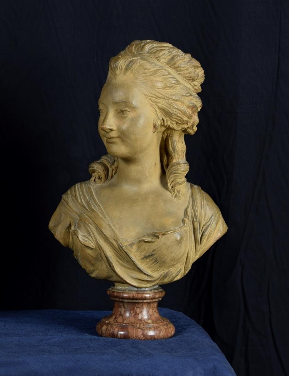 Terracotta bust depicting noblewoman, marble base, 19th century, France

The refined bust, made of terracotta, depicts a noblewoman dressed according to the fashion of the mid-eighteenth century in France. The pretty young woman has her hair
