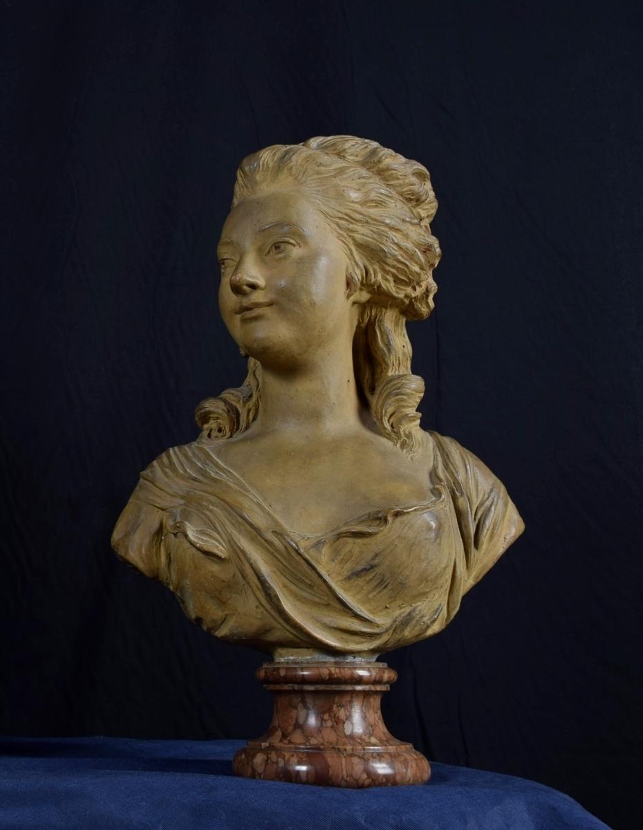 Molded 19th Century, French Terracotta Bust and Marble base with Noblewoman For Sale