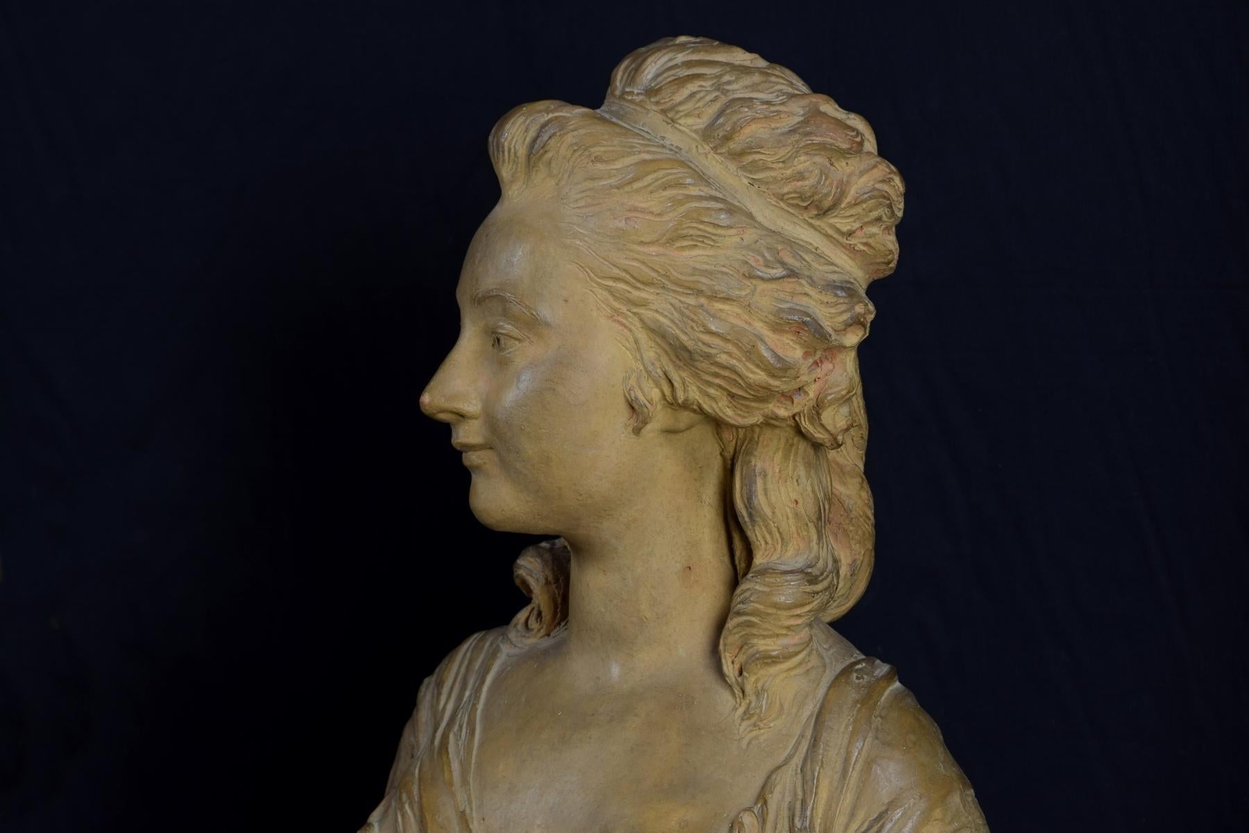 19th Century, French Terracotta Bust and Marble base with Noblewoman For Sale 2