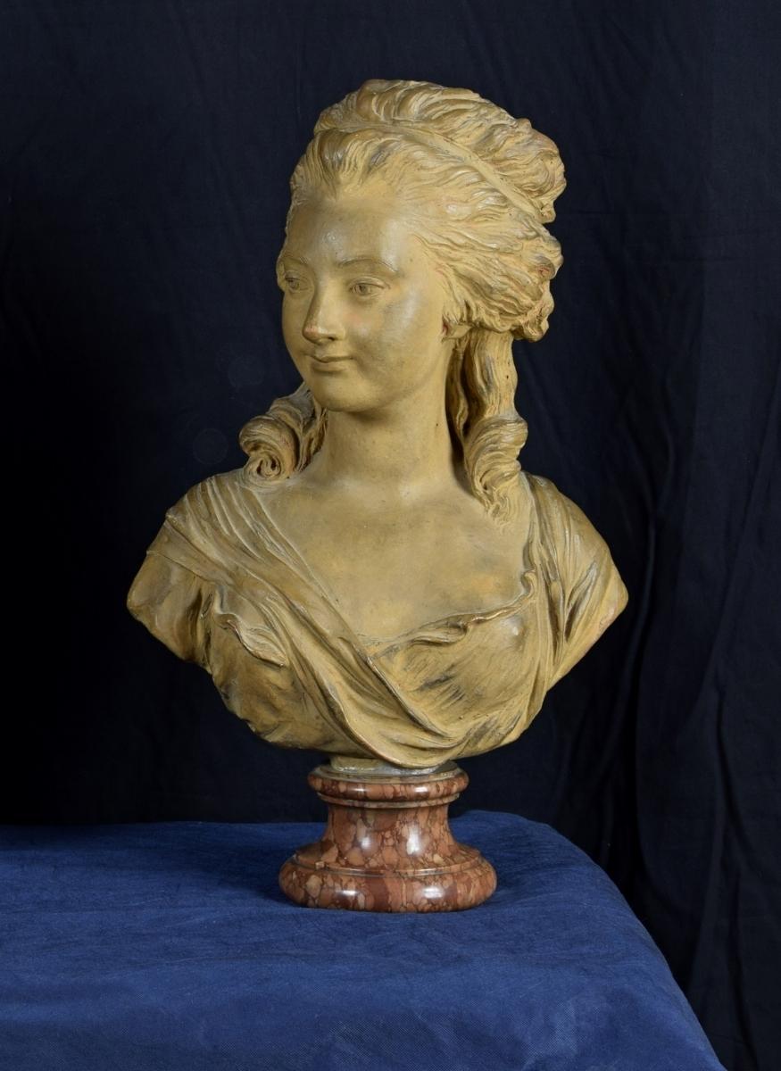 19th Century, French Terracotta Bust and Marble base with Noblewoman For Sale 4