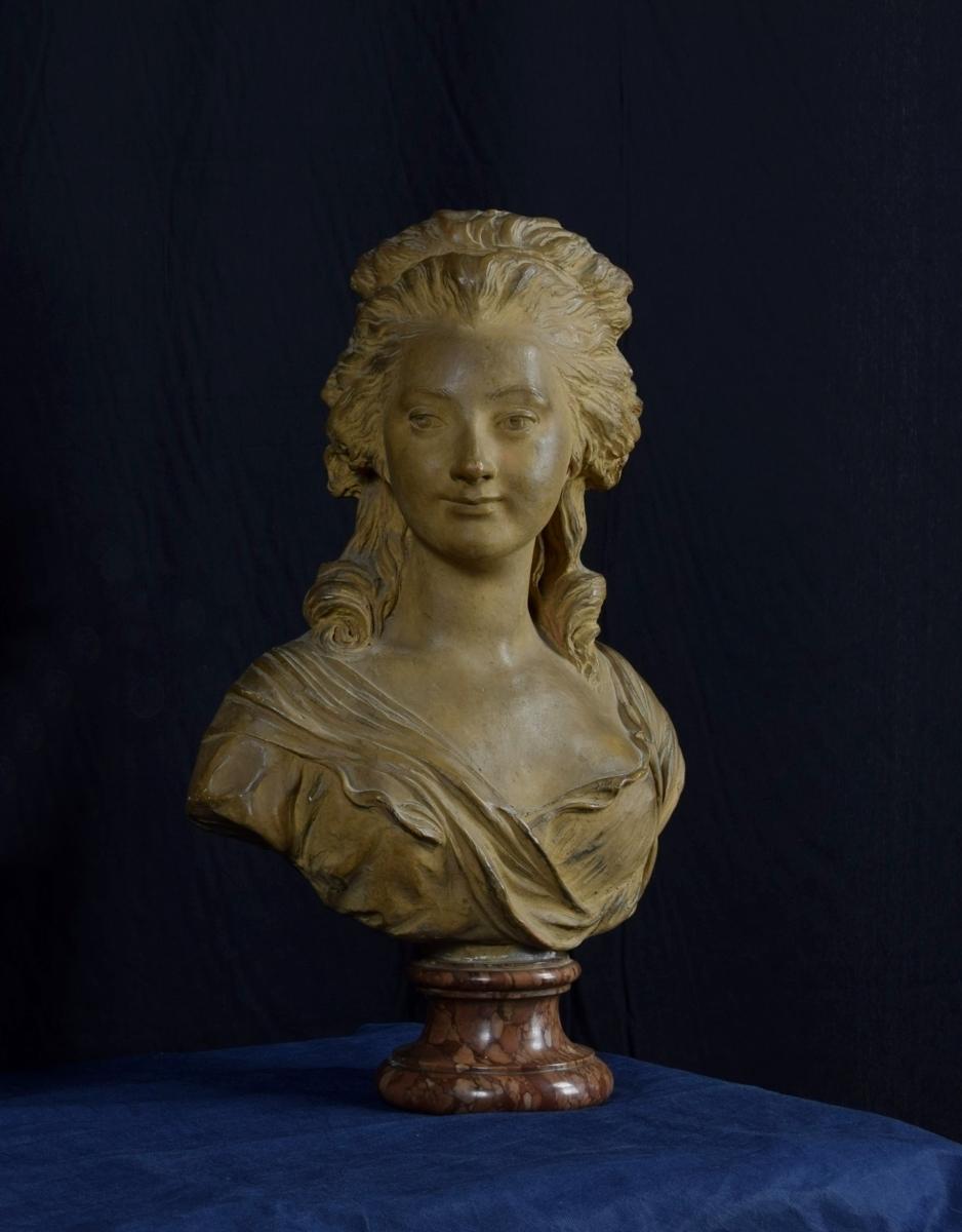 19th Century, French Terracotta Bust and Marble base with Noblewoman For Sale 5