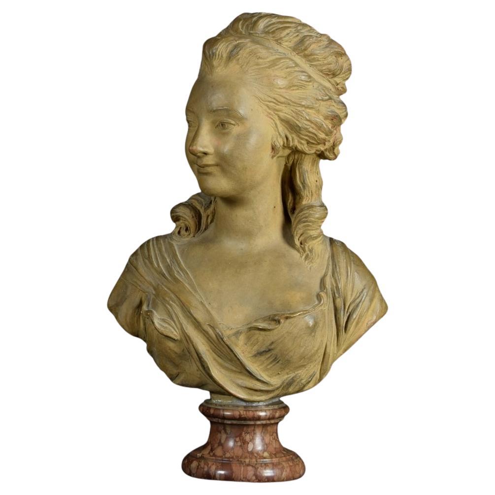 19th Century, French Terracotta Bust and Marble base with Noblewoman