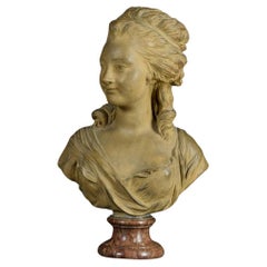 Antique 19th Century, French Terracotta Bust and Marble base with Noblewoman