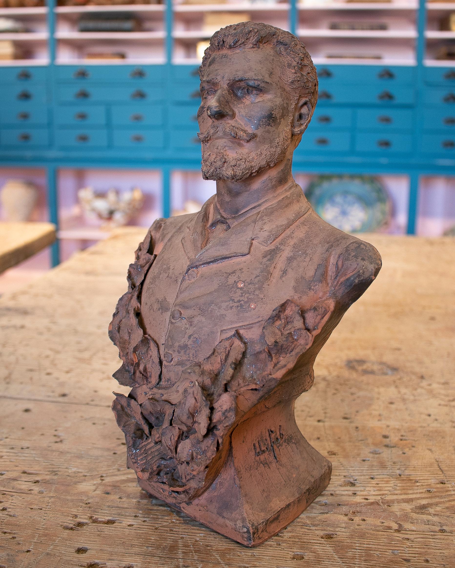 19th century French terracotta bust of a musician with signature.