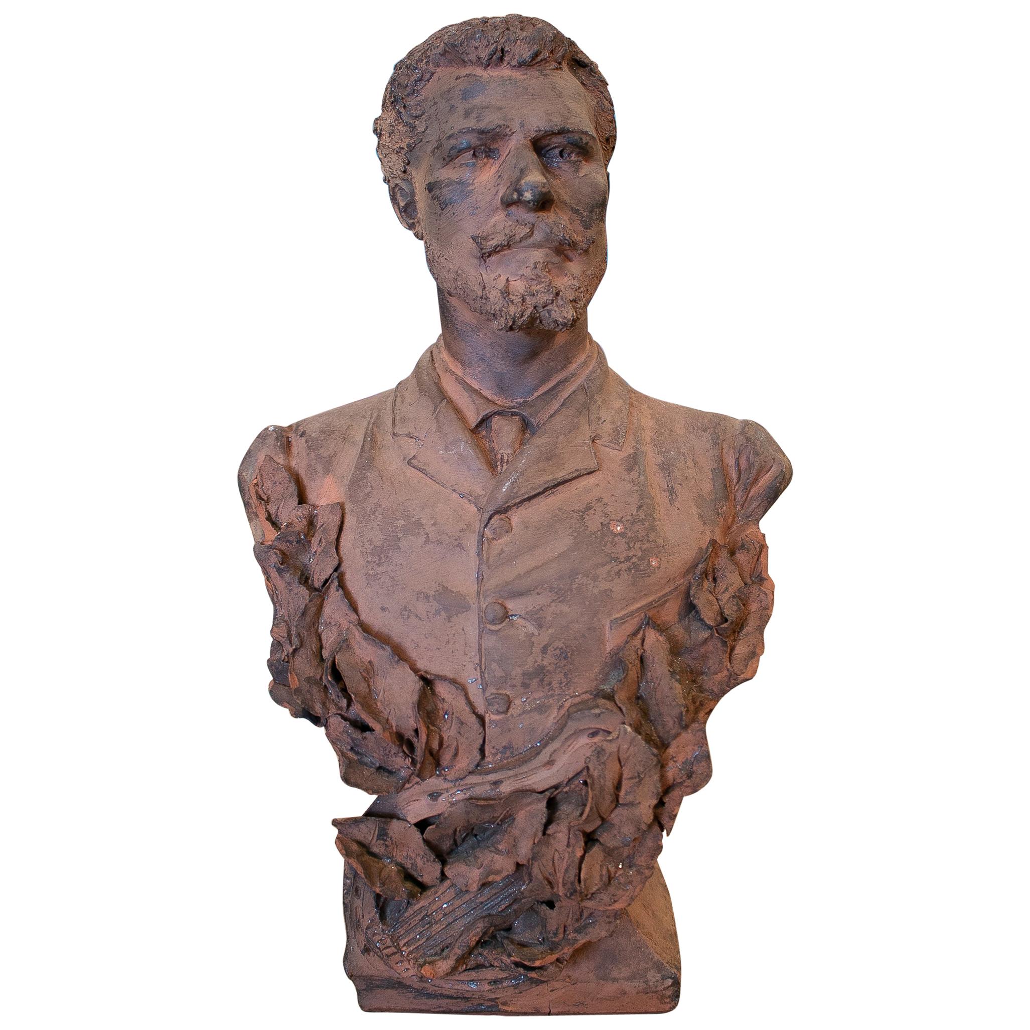19th Century French Terracotta Bust of a Musician with Signature