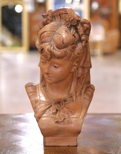19th Century French Terracotta Bust of a Young Woman Signed Adolphe Lavergne