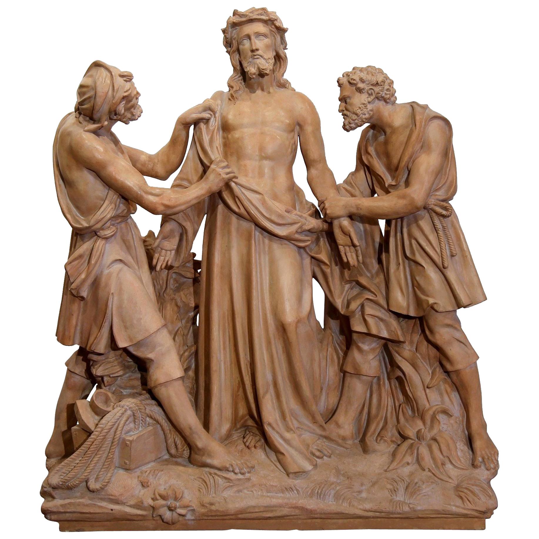 Französische Terrakotta-Kompositionsskulptur Christus vor Kreuzigung aus dem 19. Jahrhundert