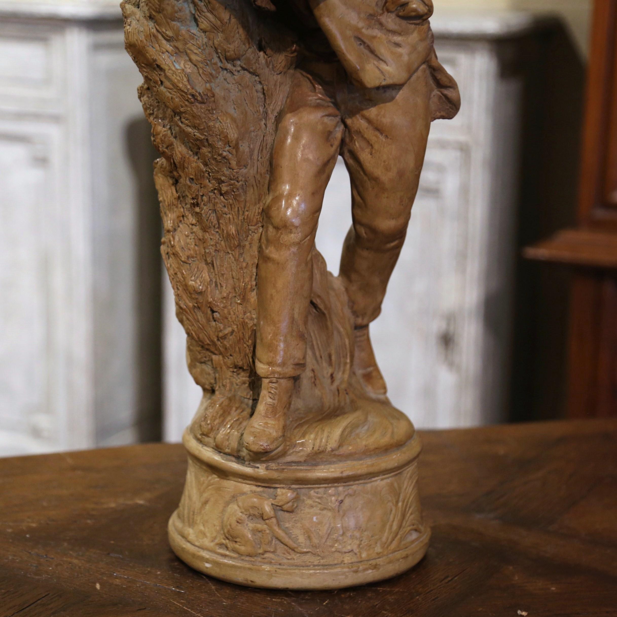 Hand-Crafted 19th Century French Terracotta Farmer Sculpture For Sale