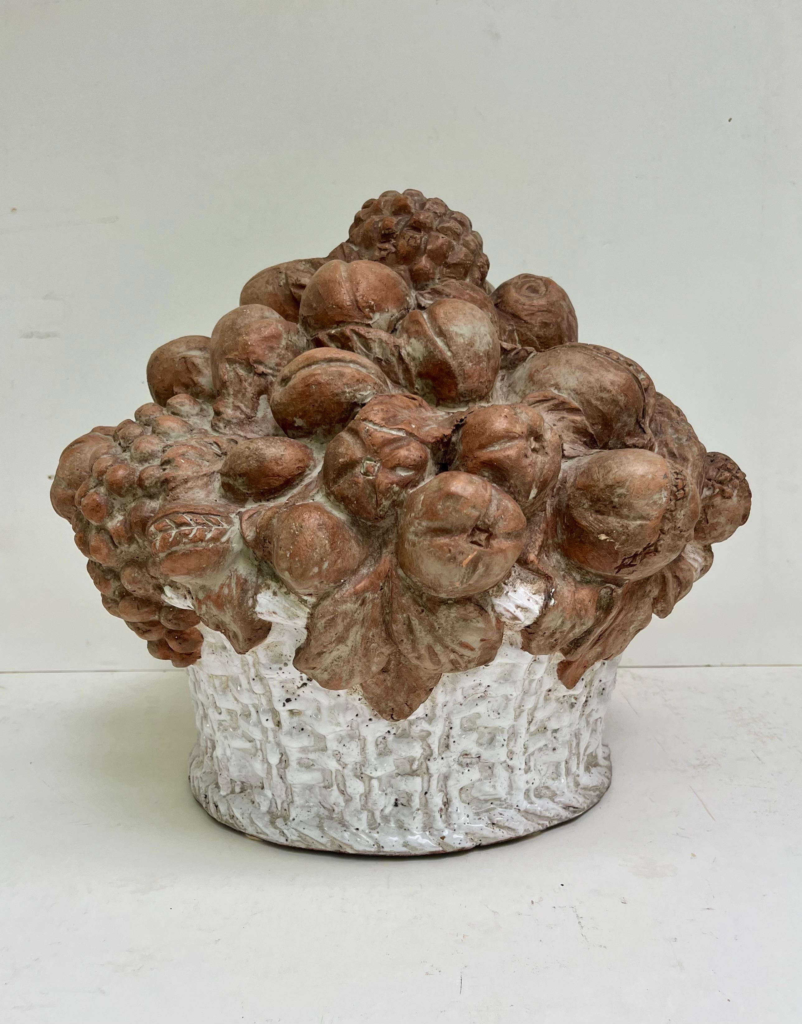 Baroque 19th Century French Terracotta Fruit Basket Centerpiece Sculpture For Sale