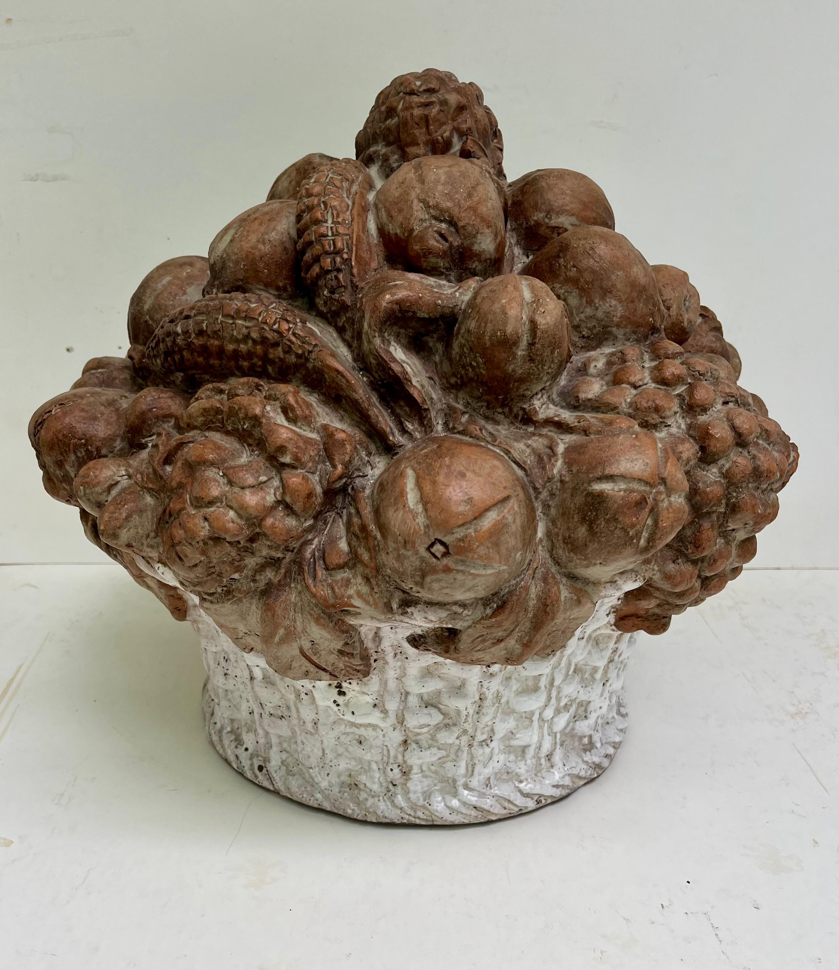 19th Century French Terracotta Fruit Basket Centerpiece Sculpture For Sale 1