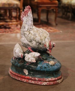 19th Century French Terracotta Hand Painted Chicken and Chicks Outdoor Sculpture