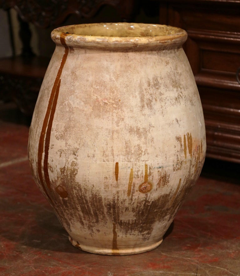 19th Century French Terracotta Olive Jar from Provence with Yellow