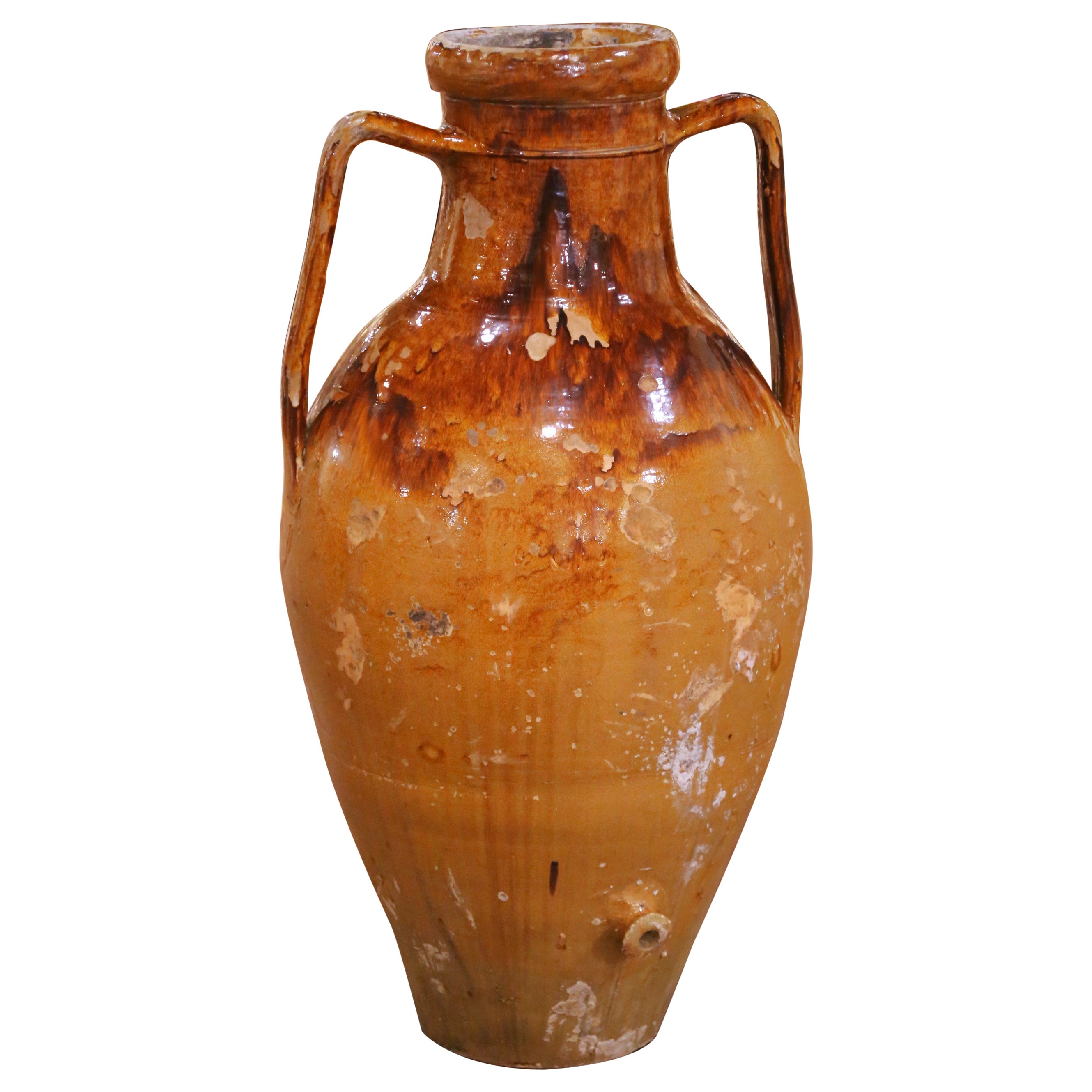 Vaso da olio in terracotta francese del XIX secolo con manici e beccuccio