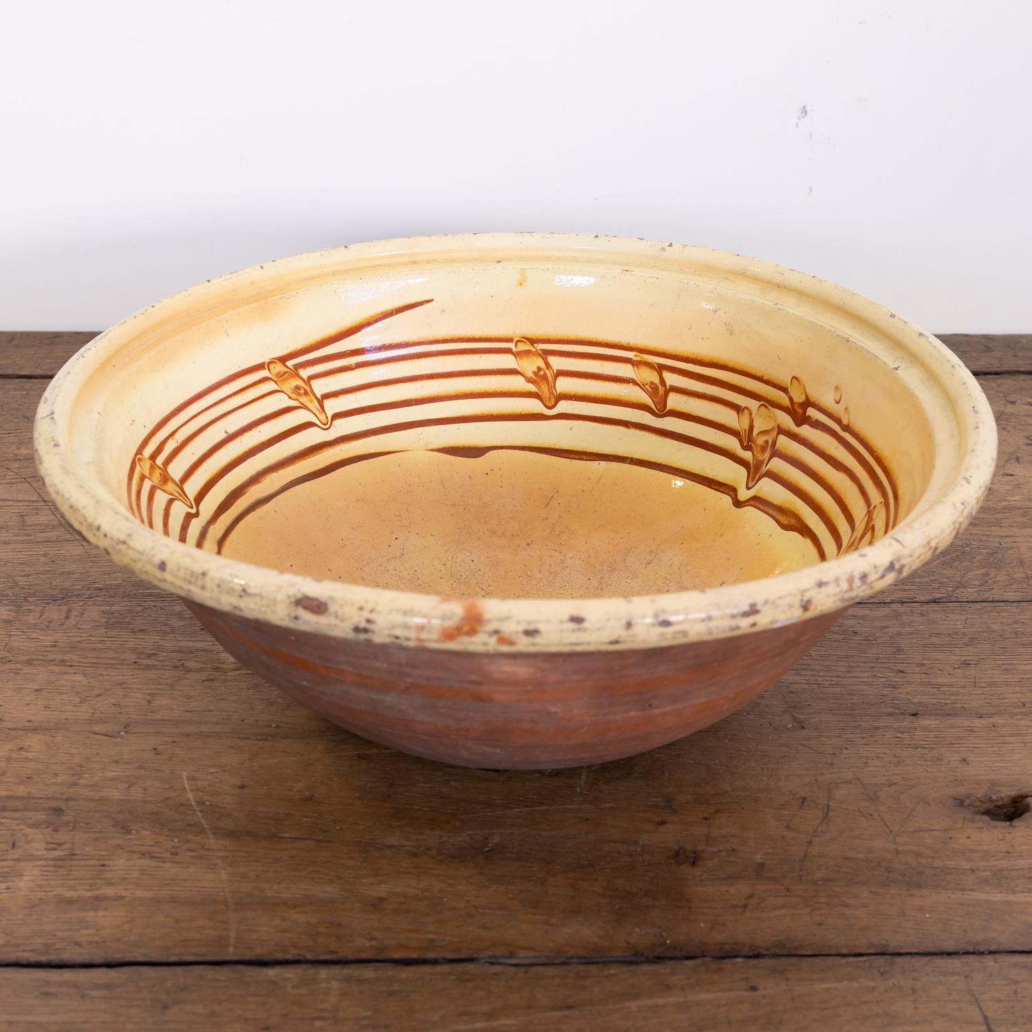 Glazed 19th Century French Terracotta Pancheon or Dough Bowl with Pale Yellow Glaze For Sale