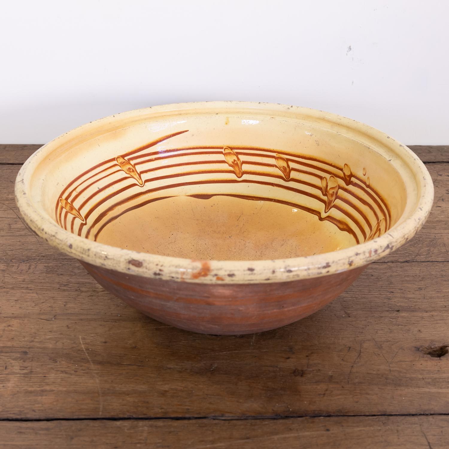 Glazed 19th Century French Terracotta Pancheon or Dough Bowl with Pale Yellow Glaze