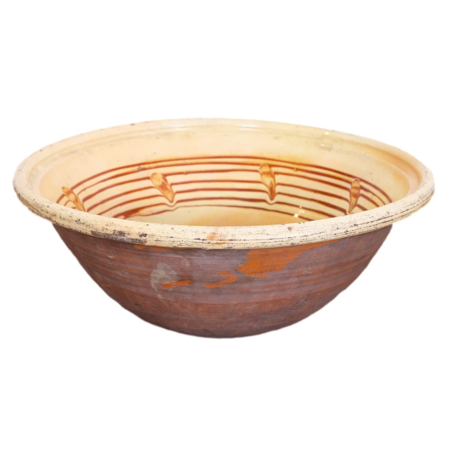 19th Century French Terracotta Pancheon or Dough Bowl with Pale Yellow Glaze For Sale
