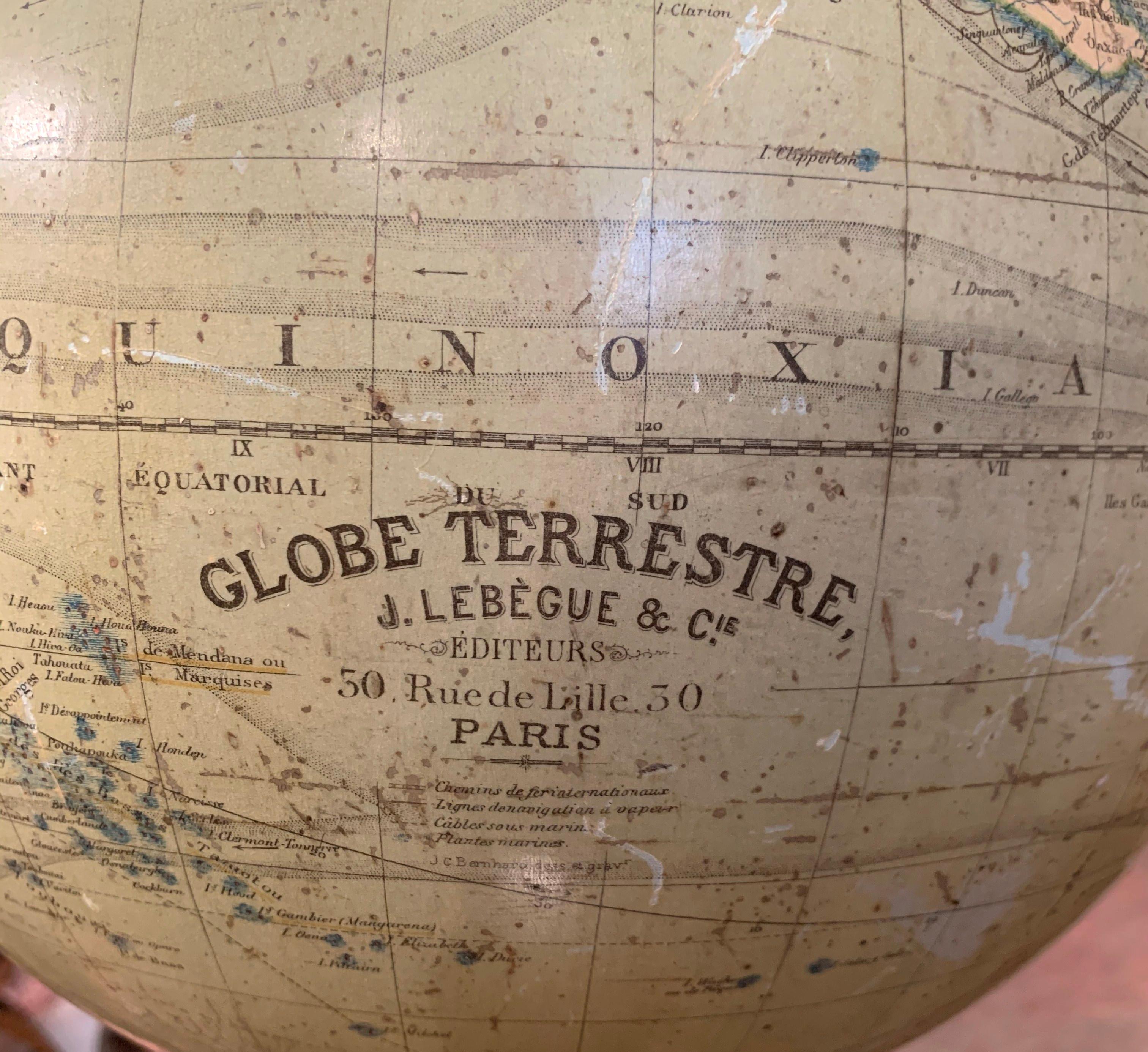19th Century French Terrestrial Globe on Iron Stand Signed J. Lebegue & Cie In Good Condition In Dallas, TX